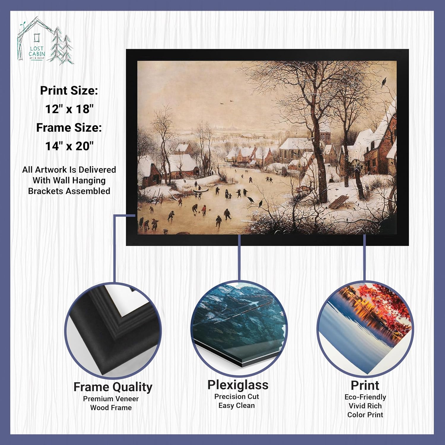 Paisaje de invierno de cabaña perdida con patinadores y una trampa para pájaros de Pieter Bruegel  Imprimir marco plano negro  Reproducción de
