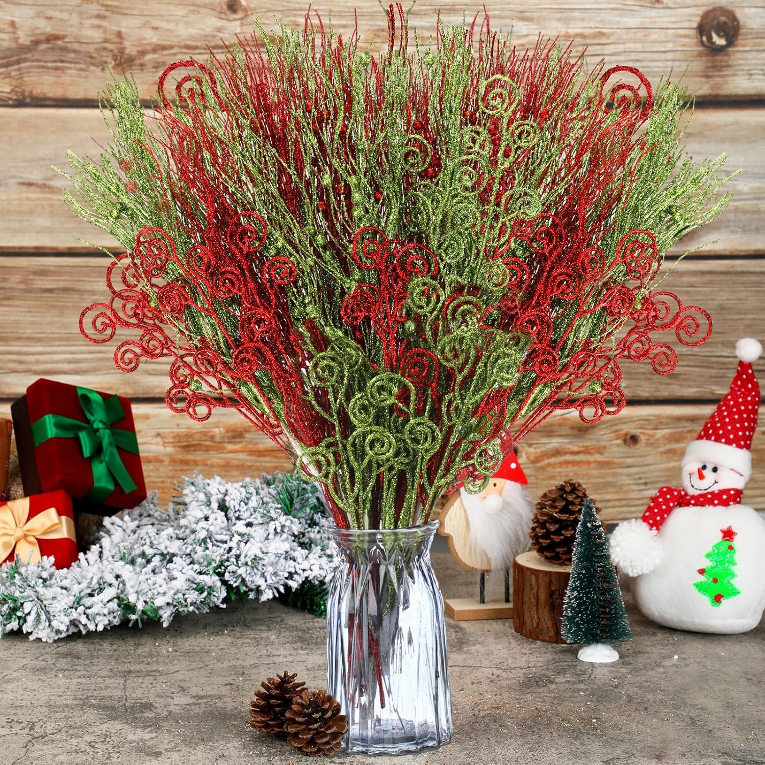 48 piezas de tallos de bayas rizadas de Navidad de 17 pulgadas y 12 pulgadas con purpurina artificial roja y verde de 17 pulgadas, ramas decorativas
