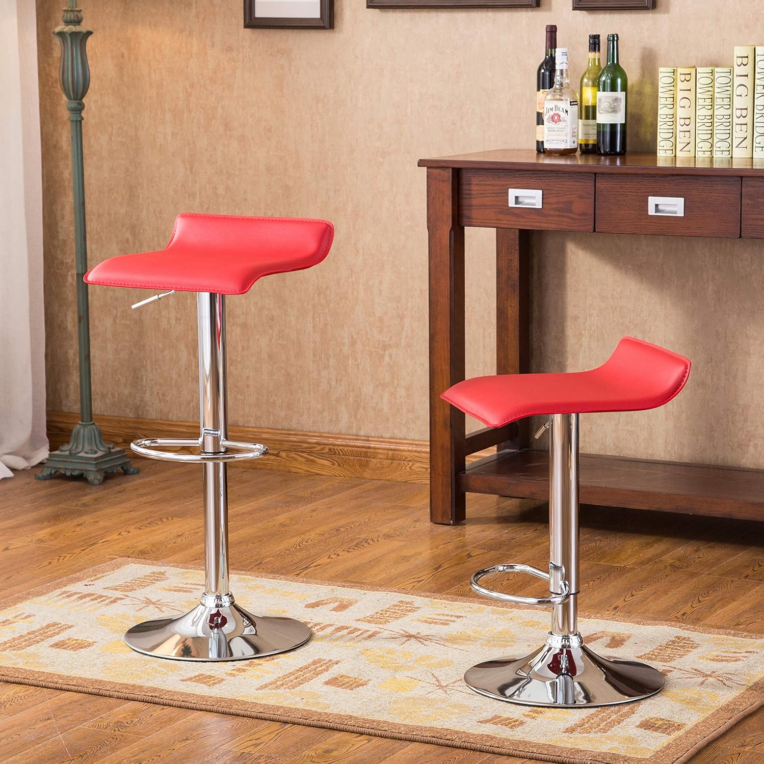 Taburetes giratorios de Cumar, juego de dos, cromados, ajustables por aire, con base de metal elegante y asiento de cuero sintético, Metal, Rojo