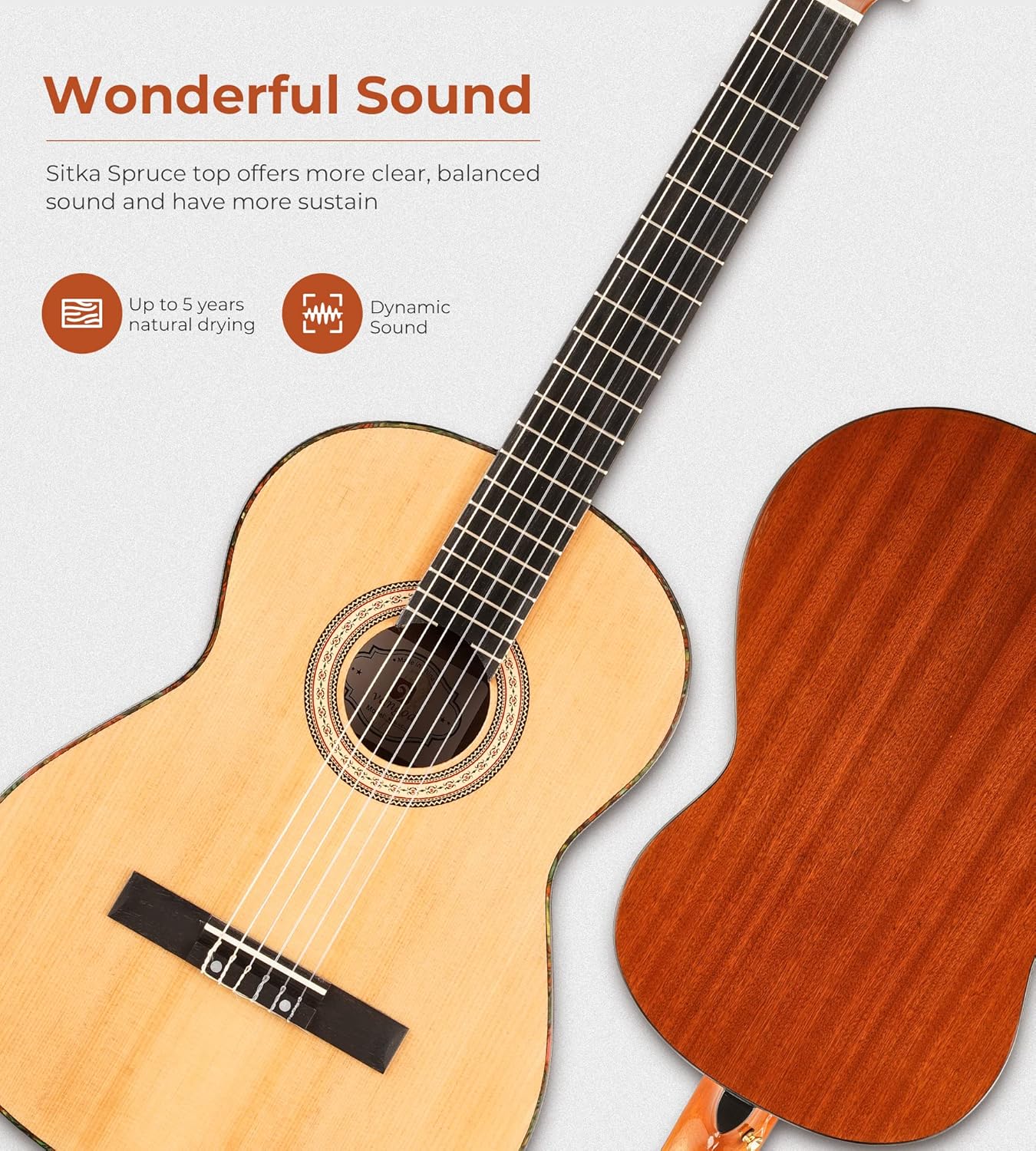 Vangoa Guitarra clásica, guitarra de cuerda de nailon de 39 pulgadas, guitarra española para principiantes de tamaño completo con tapa de abeto y