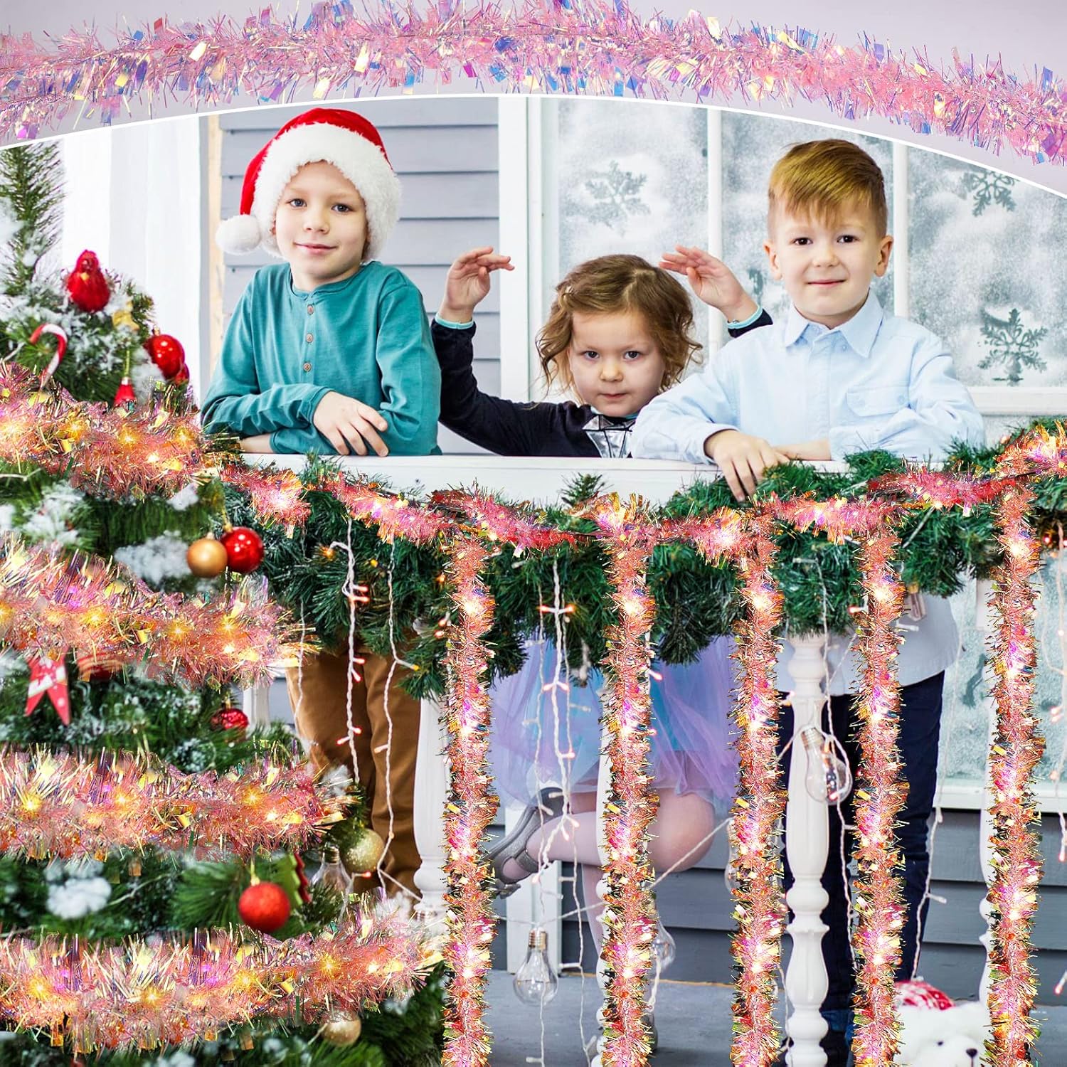 Guirnalda de oropel de árbol de Navidad de 12 tiras de 80 pies con 14 luces LED gruesas y finas serpentinas metálicas para interiores y exteriores,
