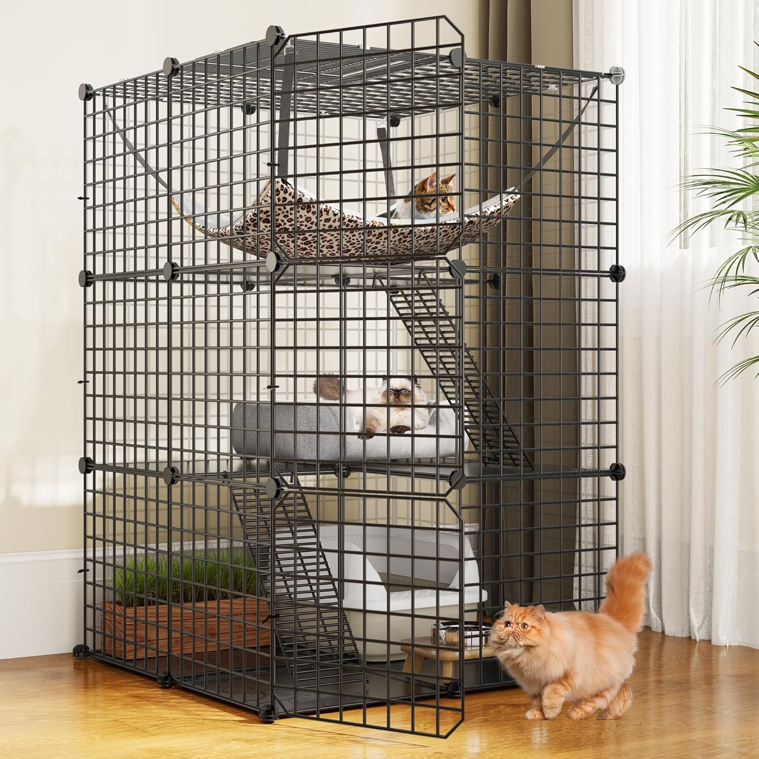 YITAHOME Jaula para gatos de interior Catio DIY para gatos, corralito de metal para gatos de 3 niveles, jaula para mascotas con hamaca extra grande
