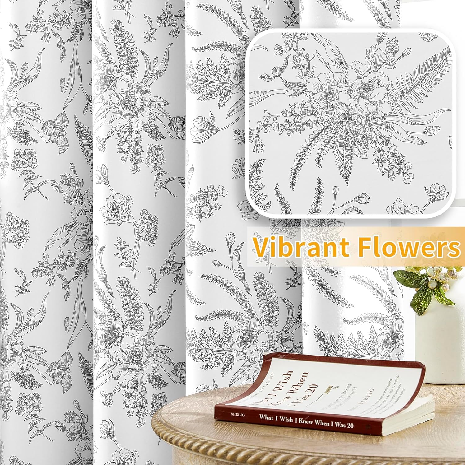 YoungsTex Cortinas opacas florales negras de 84 pulgadas de largo para sala de estar, doble capa con ojales impresos, cortinas de oscurecimiento de