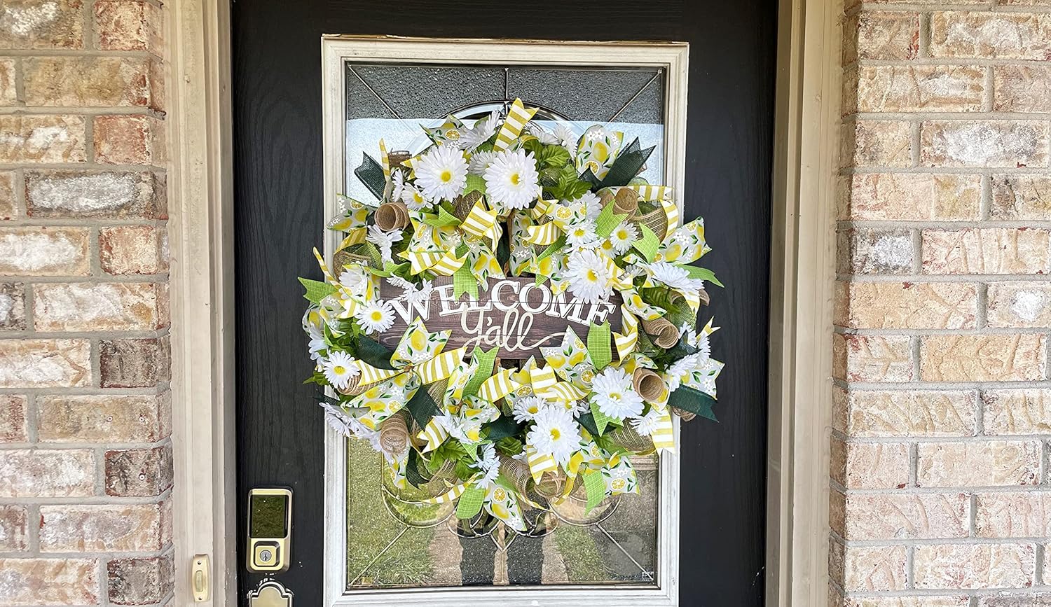 XL Welcome Y’all Lemon & Daisy Summer & Spring Deco Mesh Front Door Wreath, Porch Patio Home Decor, Handmade, Unique Gift Idea for Her