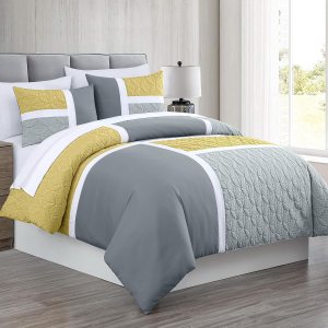 Chezmoi Collection Bernard – Juego de edredón tamaño Queen de 7 piezas con sábanas, edredón ligero, color amarillo, gris carbón, medallón acolchado, Chezmoi Collection Bernard – Juego de edredón tamaño Queen de 7 piezas con sábanas, edredón ligero, color amarillo, gris carbón, medallón acolchado,