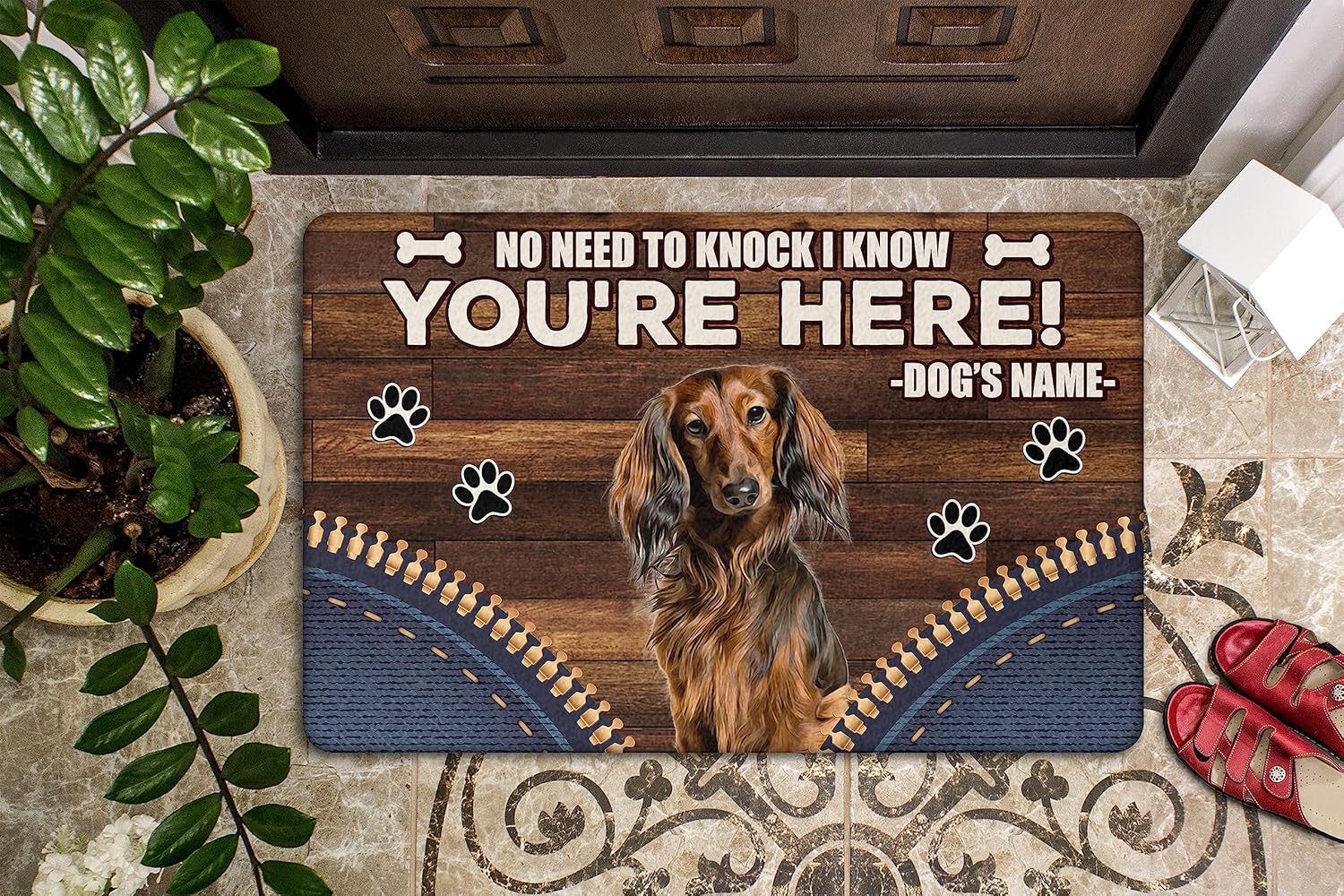 PREZZY Dachshund – Tapete de puerta personalizado con nombre de perro para puerta delantera, entrada al aire libre, antideslizante, divertido regalo