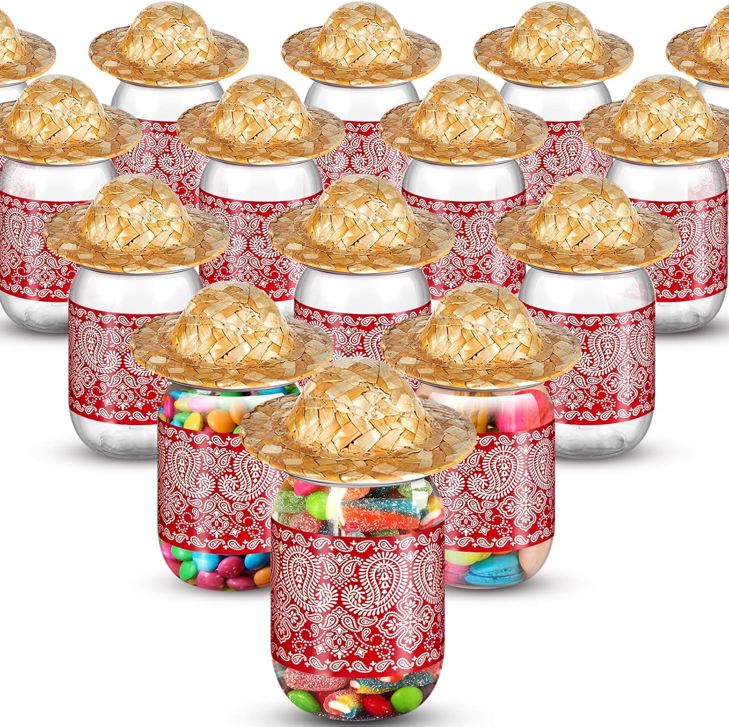Amyhill 16 juegos de tarros de caramelo de 12 onzas de vaquero occidental de plástico y mini sombreros de paja con cinta para la cintura,