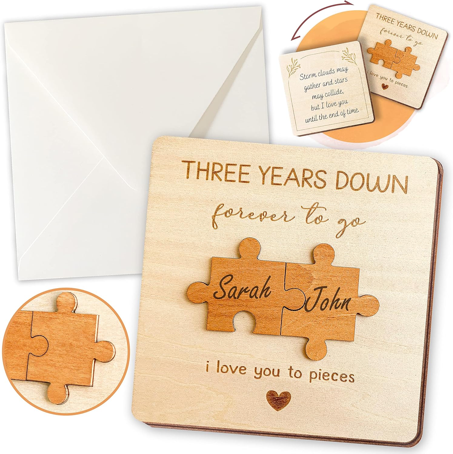 Tarjeta de aniversario de 3 años de regalo para él y ella, tarjeta de aniversario de tercer aniversario de boda, regalo de madera para marido y