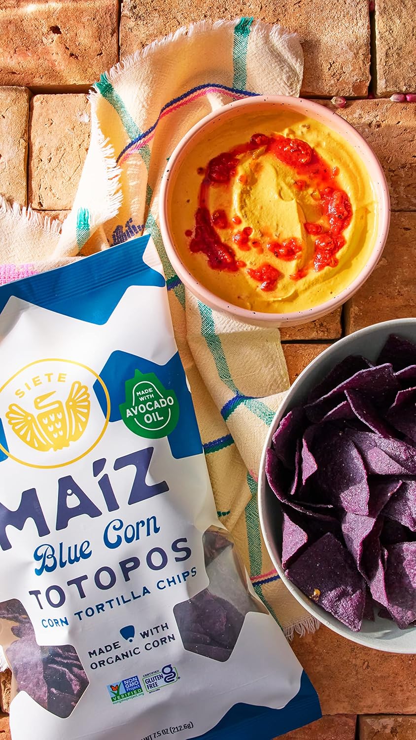 Siete Maiz Totopos Chips de tortilla de maíz  Maíz azul  Sin gluten  Snacks veganos  Sin OMG y chips de maíz orgánico  Hecho con aceite de aguacate