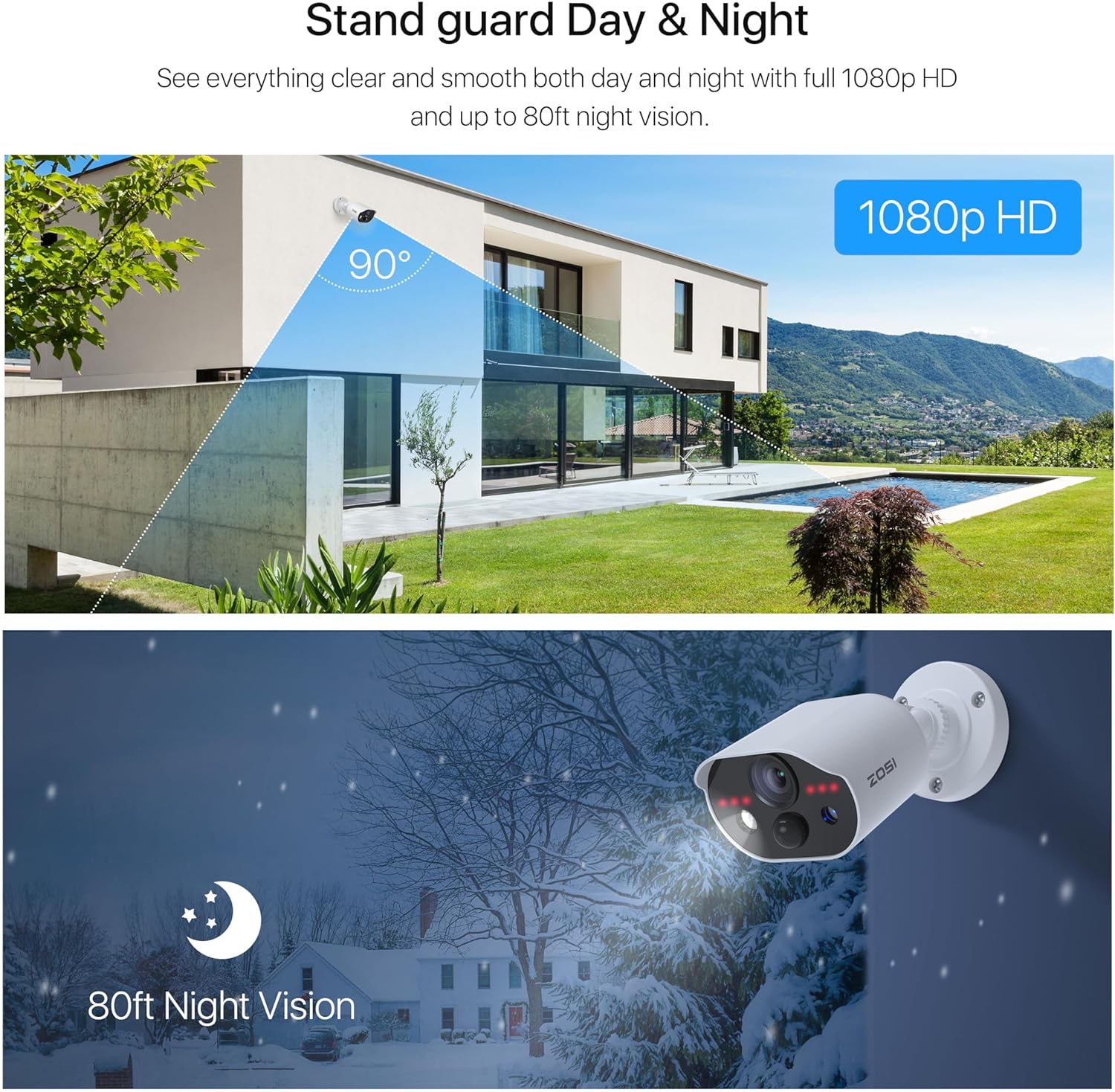 ZOSI Cámara de seguridad 1080P HD-TVI con audio, 2MP 1920TVL cámara de vigilancia para interiores y exteriores, visión nocturna, detección de