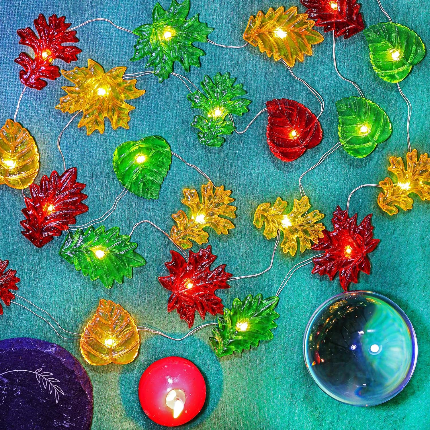 Guirnalda de luces solares de hojas de bosque de otoño, decoración de árbol de jardín al aire libre, luces de Acción de Gracias, hojas de roble de