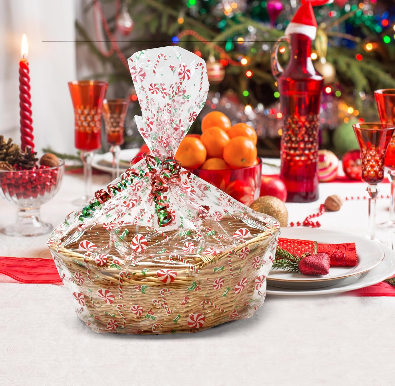 Gift Boutique Bolsas de plástico de celofán de Navidad con lazos giratorios, paquete de 24 bolsas de celofán para galletas de Navidad, bolsas de