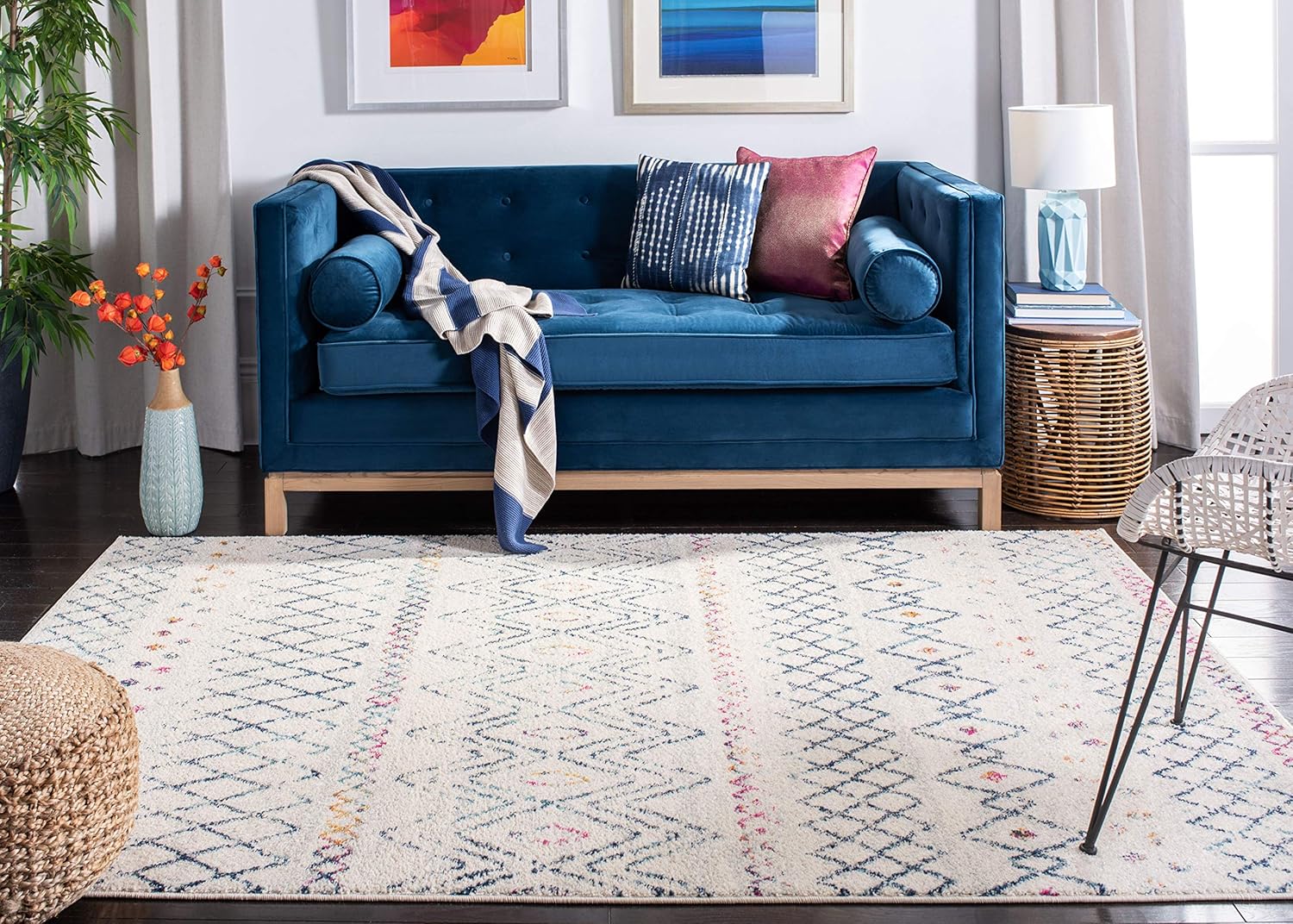 SAFAVIEH Madison Collection MAD798B – Alfombra cuadrada de 9 pies color marfil azul marino, marroquí, bohemio, envejecido, no desprende pelusa, para