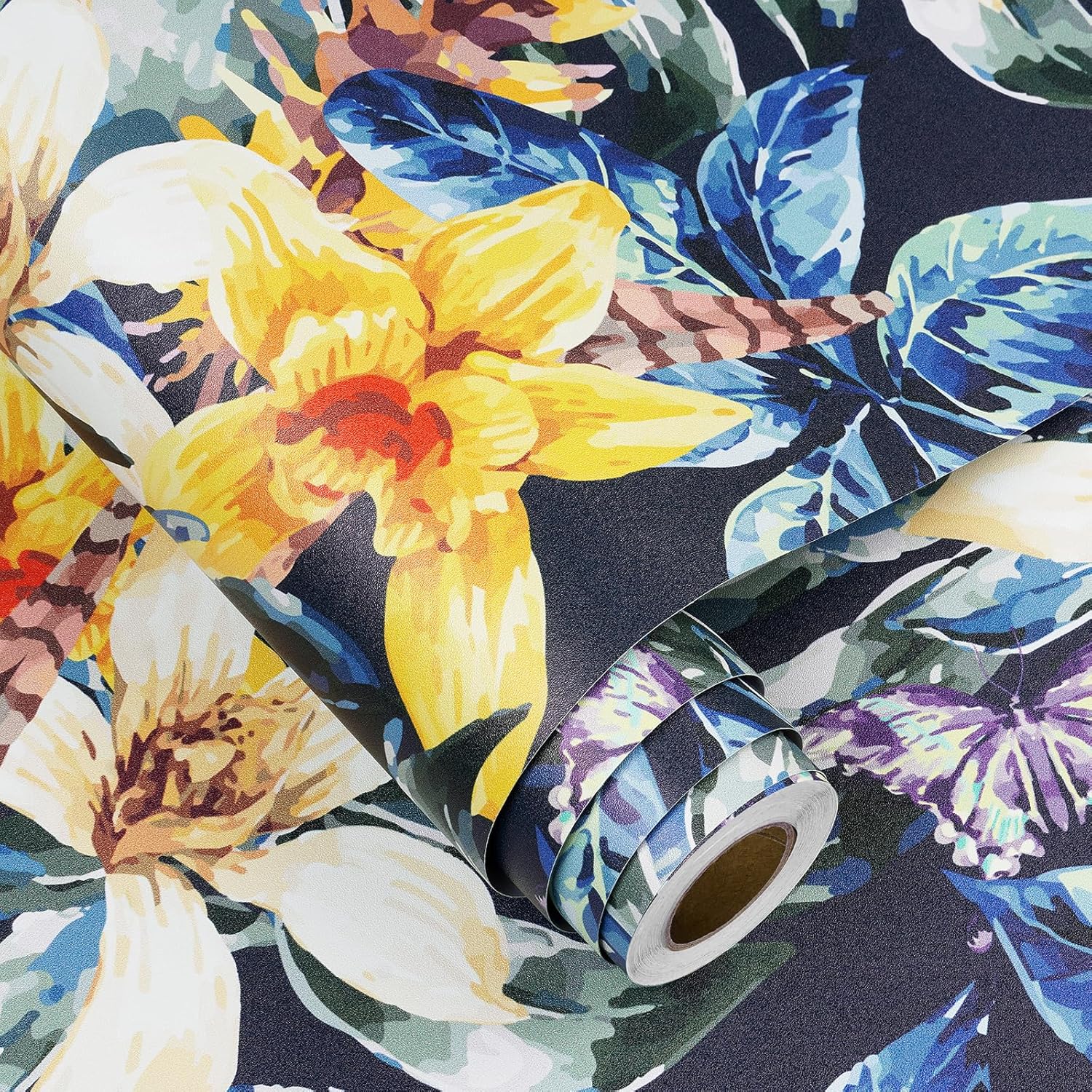 FunStick Papel tapiz floral azul marino oscuro de 17.5 x 354 pulgadas, despegar y pegar, papel tapiz floral vintage extraíble, papel adhesivo de