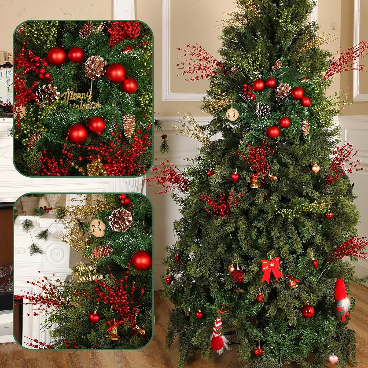 36 paquetes de adornos de tallo de bayas de Navidad de 16.9 pulgadas, tallos de Navidad artificiales decorativos con purpurina para jarrón de árbol