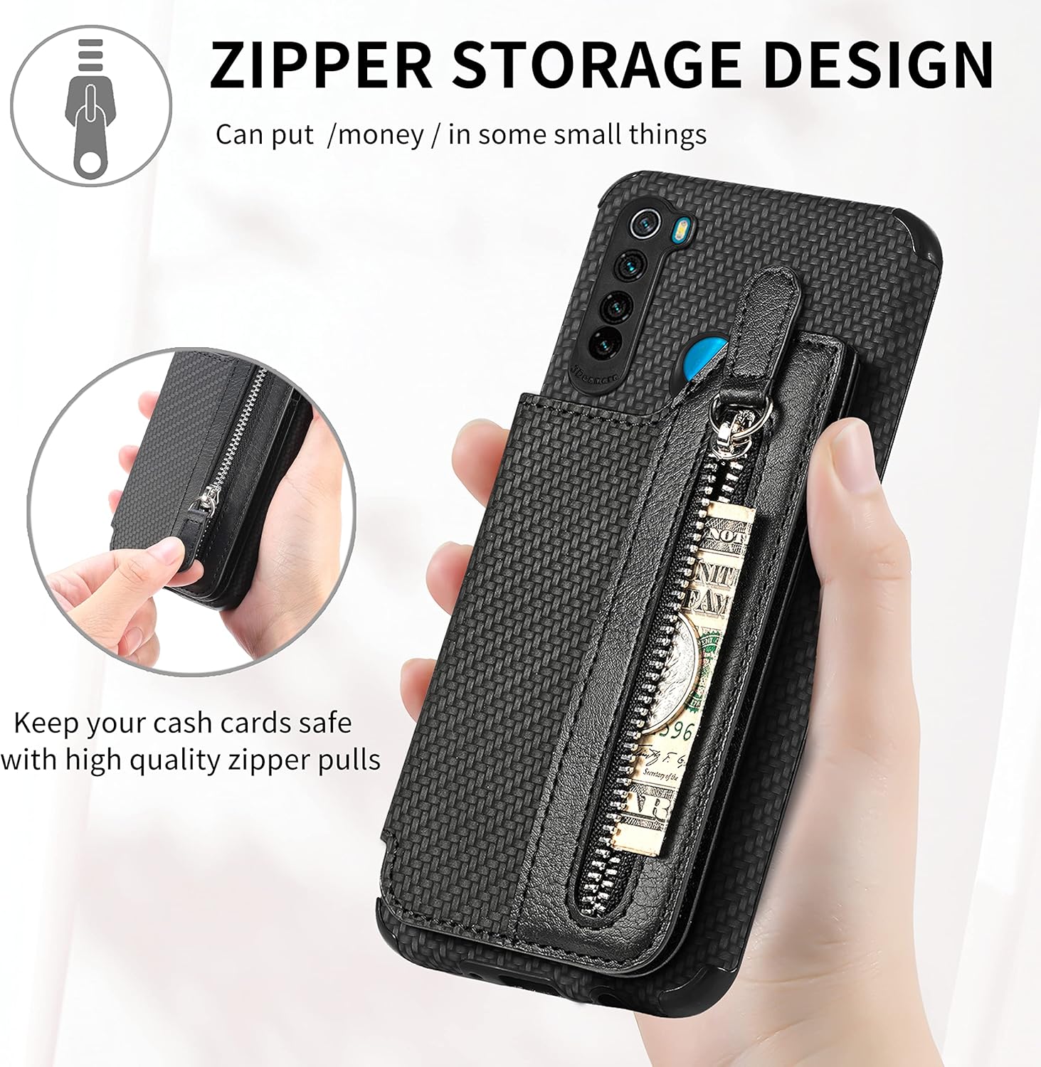 Funda de teléfono para Xiaomi Redmi Note 8 Funda tipo cartera con protector de pantalla de vidrio templado y cremallera Soporte para tarjeta de