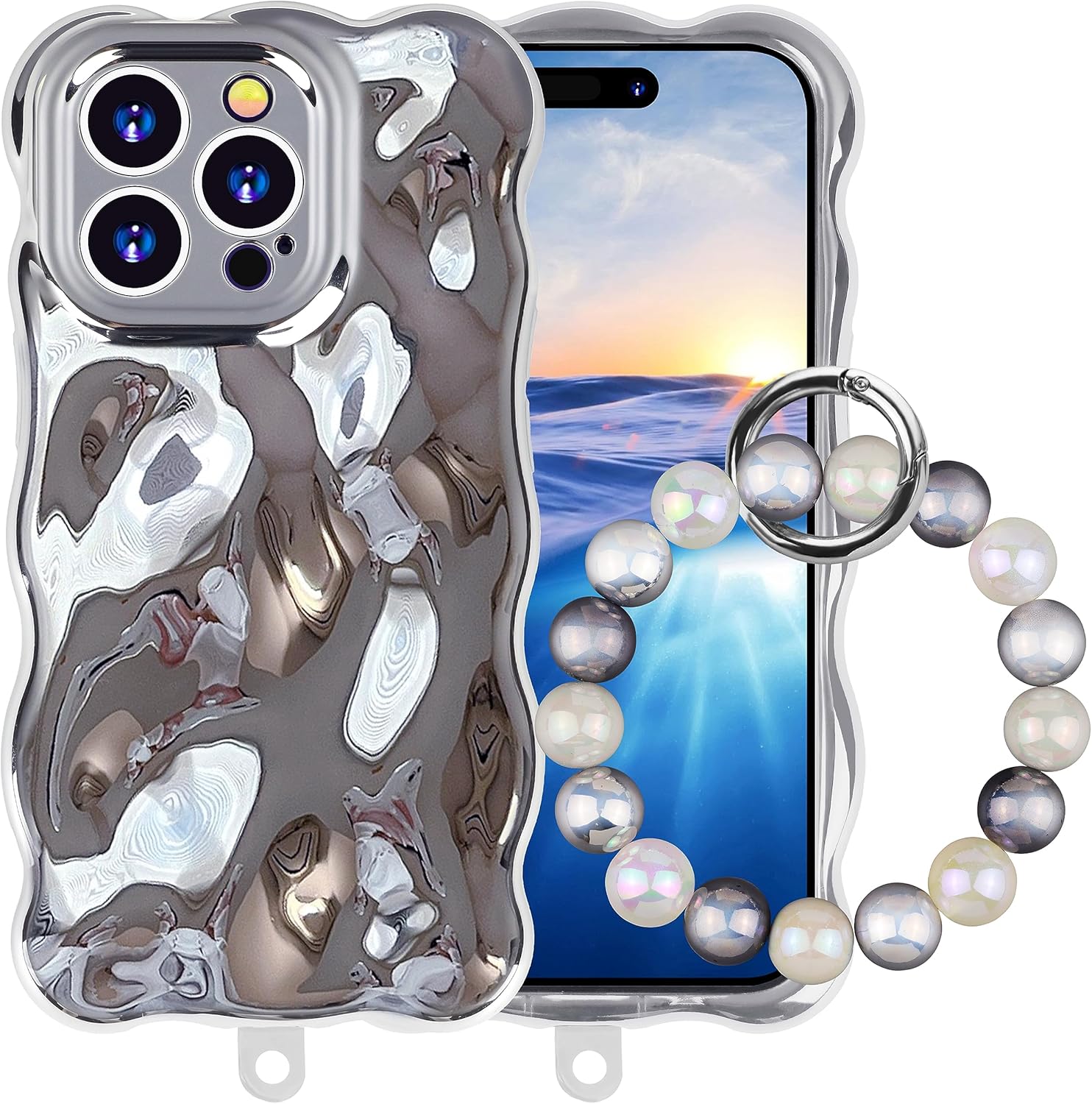 Ucharmbead Funda protectora compatible con iPhone 14 Pro Max con correa de muñeca para teléfono con cuentas para teléfono celular, accesorios para