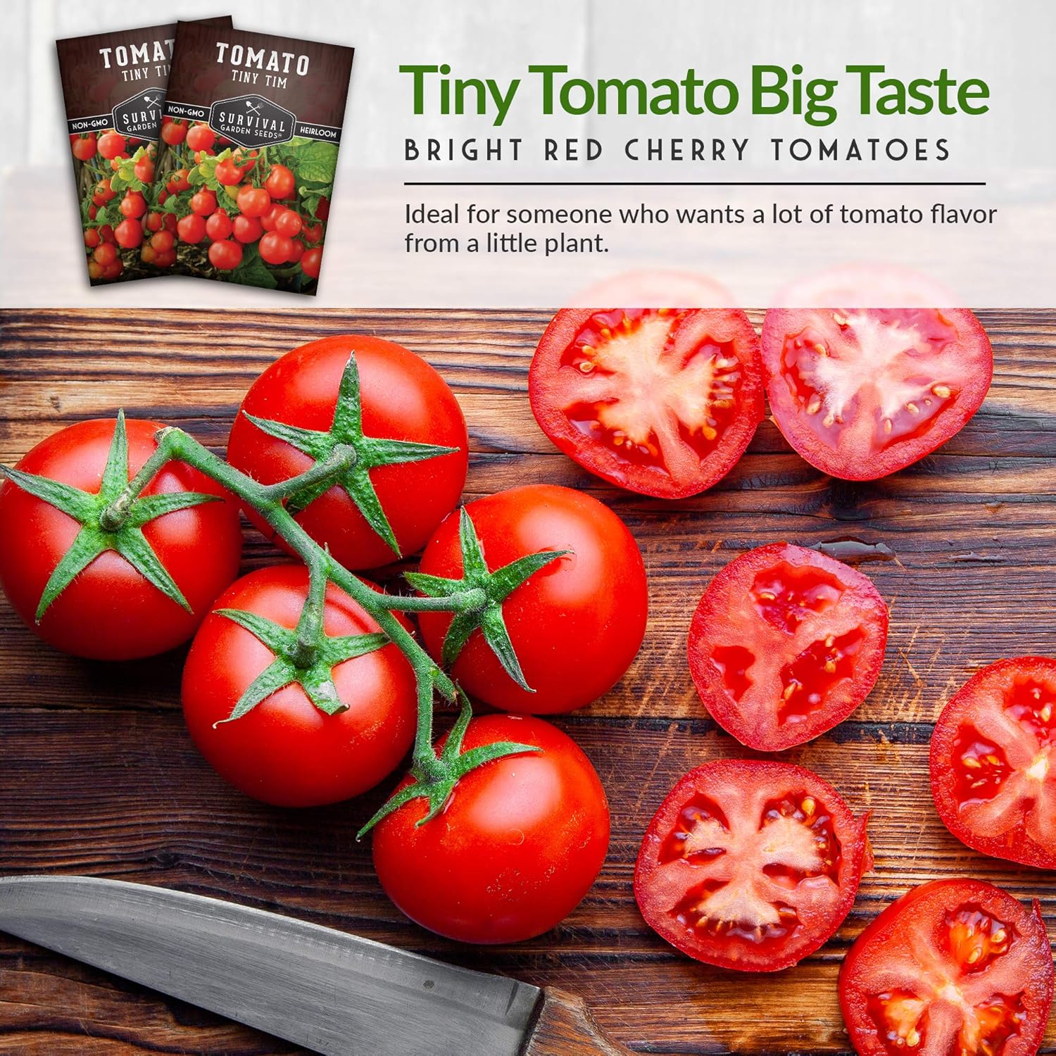 Survival Garden Seeds – Tiny Tim Semilla de tomate para plantar – Paquete con instrucciones para plantar y cultivar tomates pequeños en tu huerto