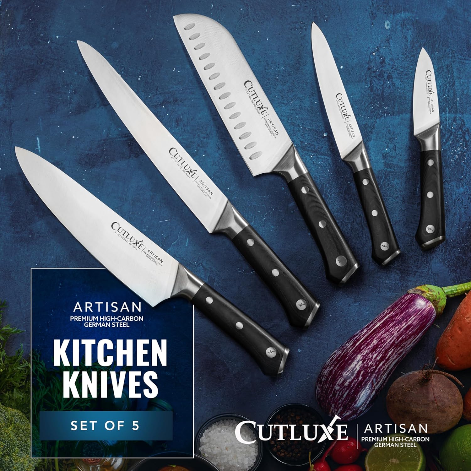 Cutluxe Juego de 5 cuchillos de cocina, juego de cuchillos de chef, acero alemán afilado, espiga completa, asas ergonómicas, serie artesanal