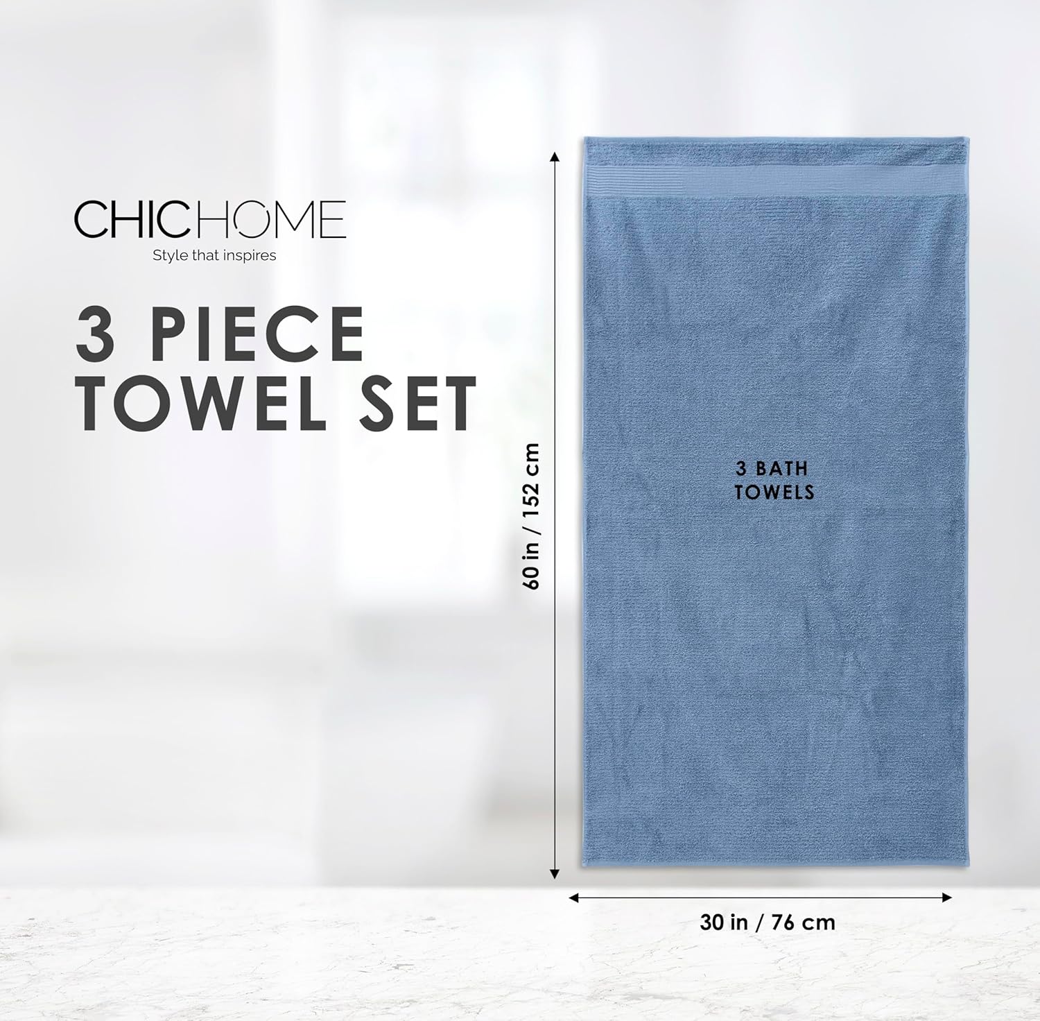 Chic Home Lujosas toallas de baño de 3 piezas de 100% algodón turco puro, 30 x 60 pulgadas, ultra suaves, altamente absorbentes, diseño de tejido