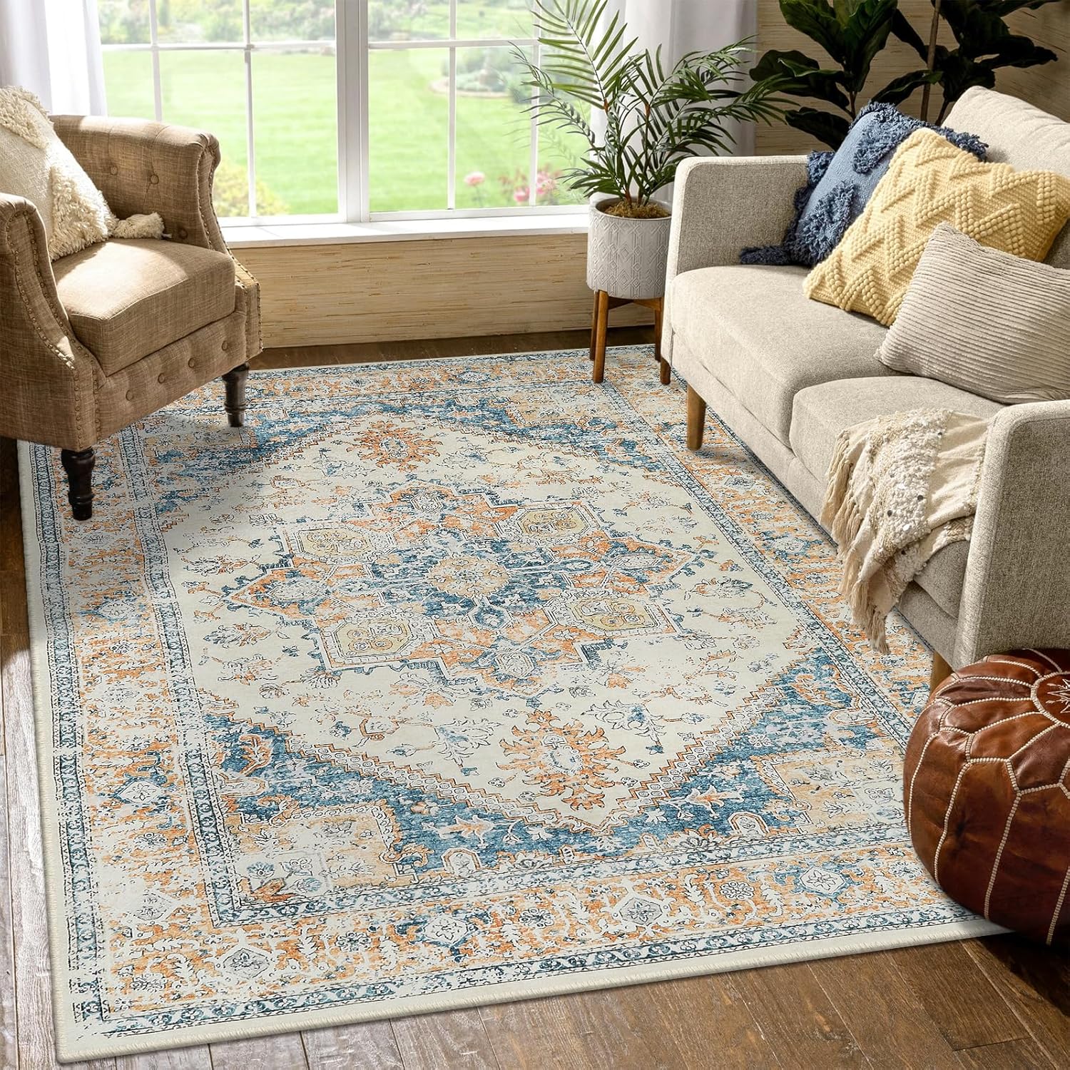 LIVEBOX Alfombra lavable de 5 x 7 pies, alfombra vintage bohemia para sala de estar, alfombra antideslizante para dormitorio, alfombra retro de pelo