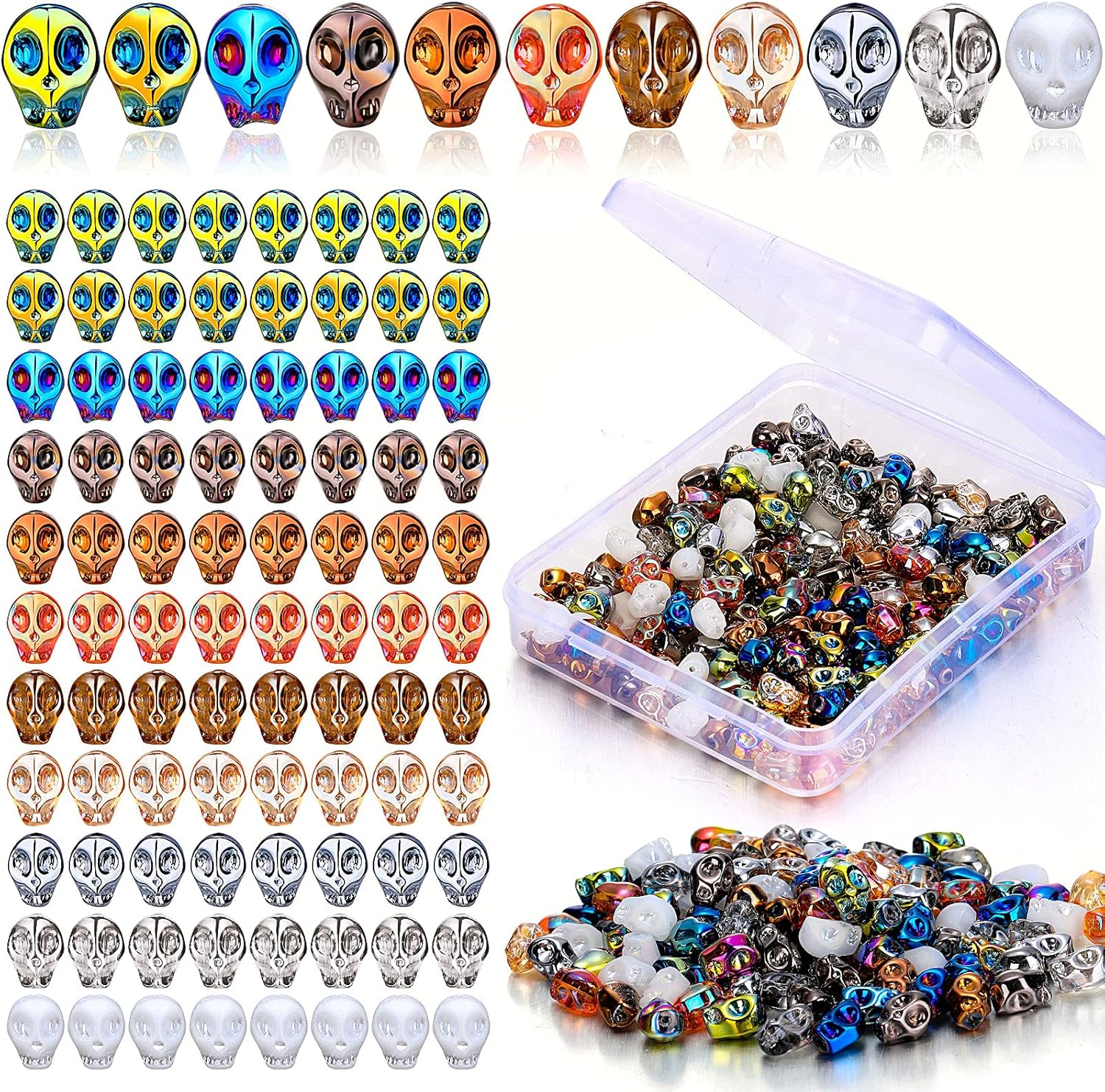 200 cuentas de calavera de cristal de esqueleto, cuentas de calavera de cristal coloridas con caja de almacenamiento, cuentas para aretes, pulseras,