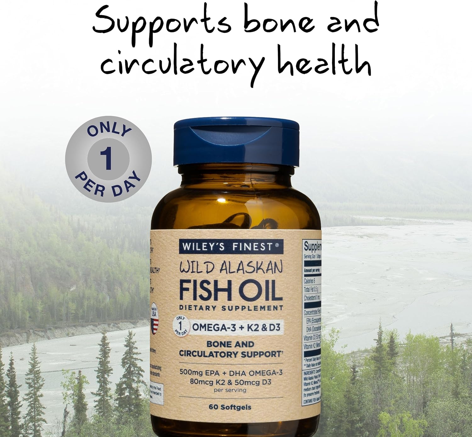 Wiley’s Finest Wild Alaskan Fish Oil Vitamina K2 Softgels – 500 mg de Omega-3 EPA y DHA para apoyo a la salud ósea y cardíaca – 60 cápsulas blandas