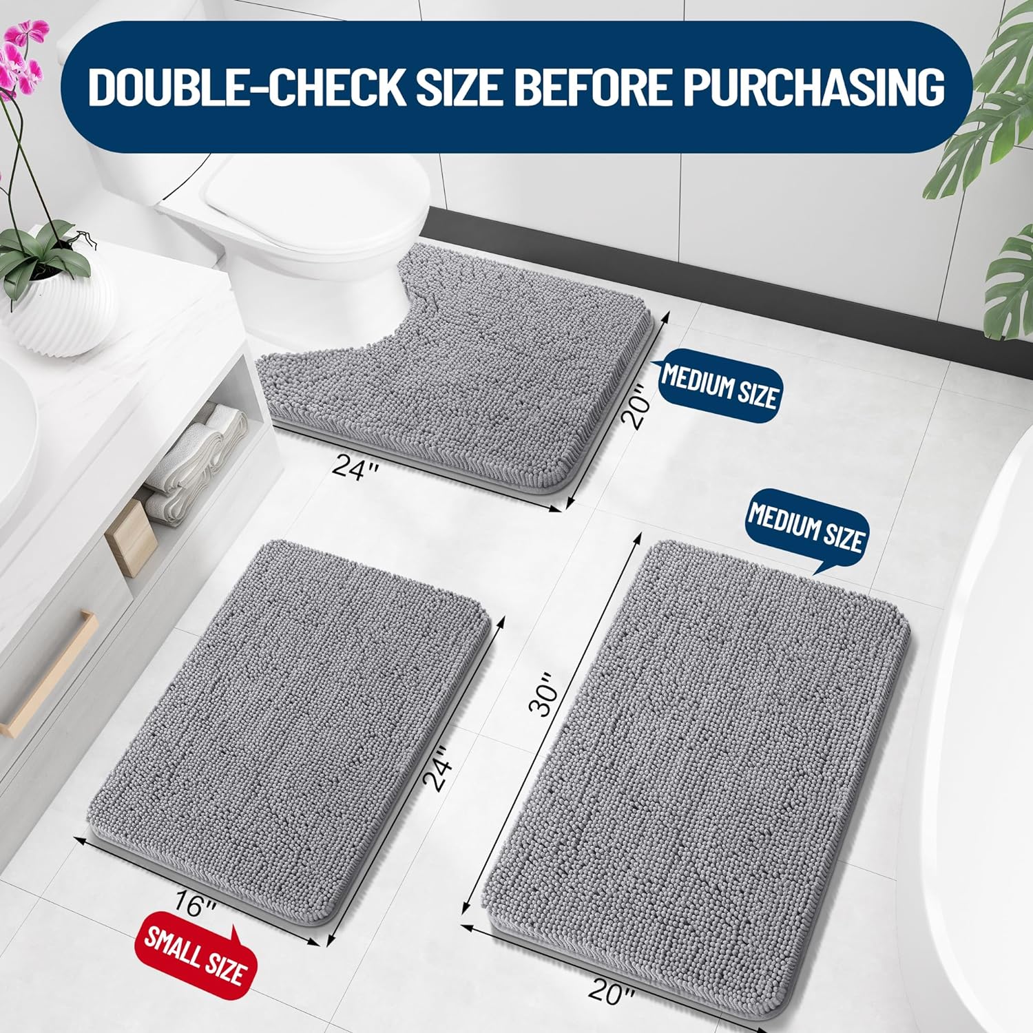 OLANLY Alfombras de baño de felpilla extrasuaves y absorbentes, antideslizantes, de secado rápido, lavables a máquina, para suelo de baño, bañera y