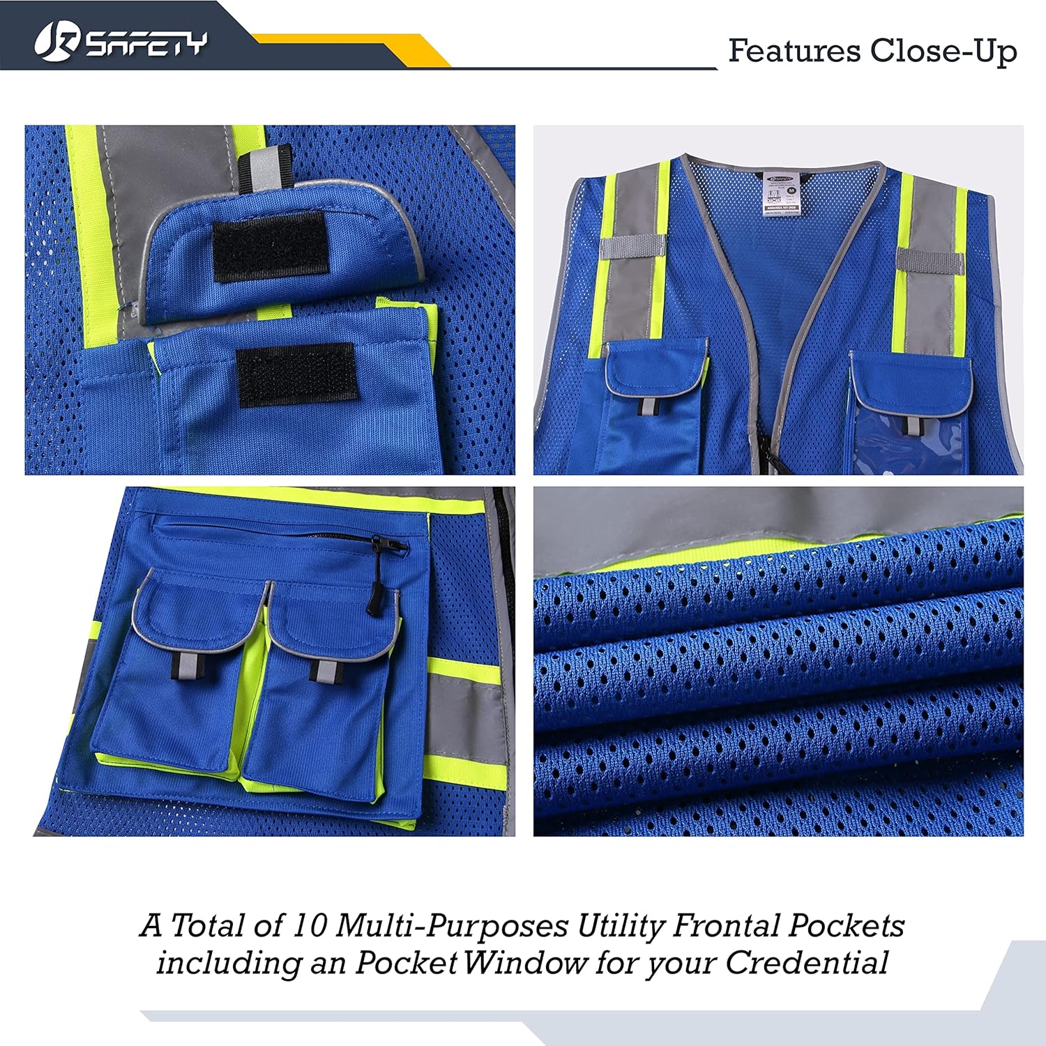 JKSafety Chaleco de seguridad de malla con cremallera frontal de color neón de alta visibilidad de 10 bolsillos para hombres y mujeres, utilidad de