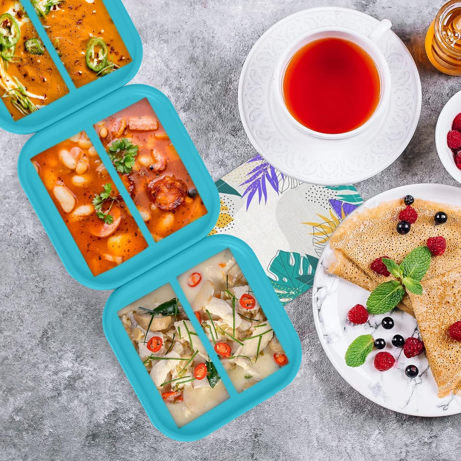 Bandeja de silicona para congelador de 2 tazas con tapa, paquete de 2, haz 4 porciones perfectas de 2 tazas, moldes de fácil liberación para