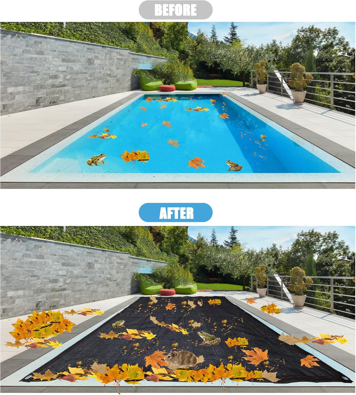 Cubierta de red de hojas de piscina, cubierta rectangular de malla de 12 x 24 pies para piscinas sobre el suelo, con cuerda de 16.4 pies para cubrir
