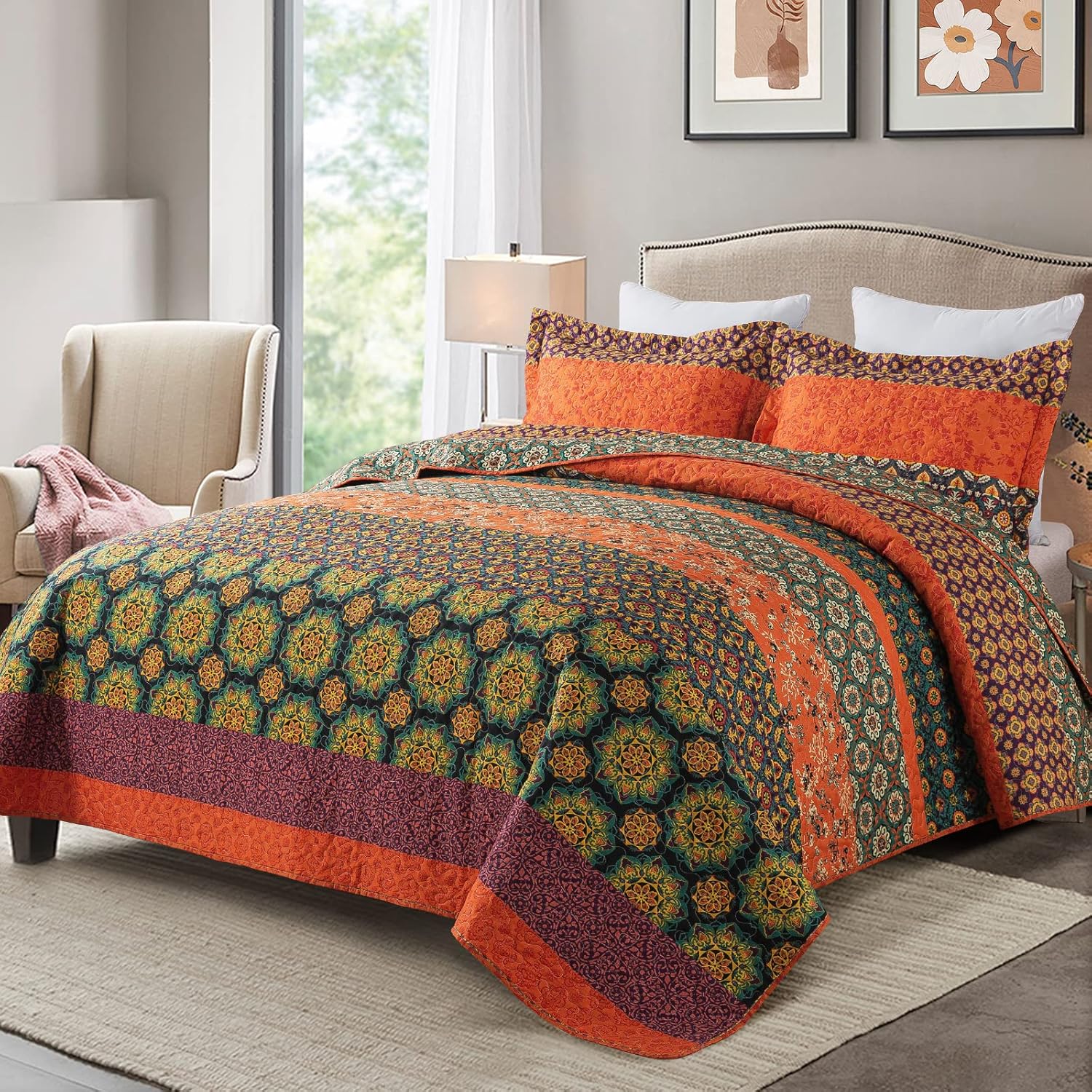 HoneiLife Juego de edredón tamaño Queen  Colcha de microfibra de 3 piezas, colchas ligeras de flores silvestres, funda de cama retro, juego de ropa