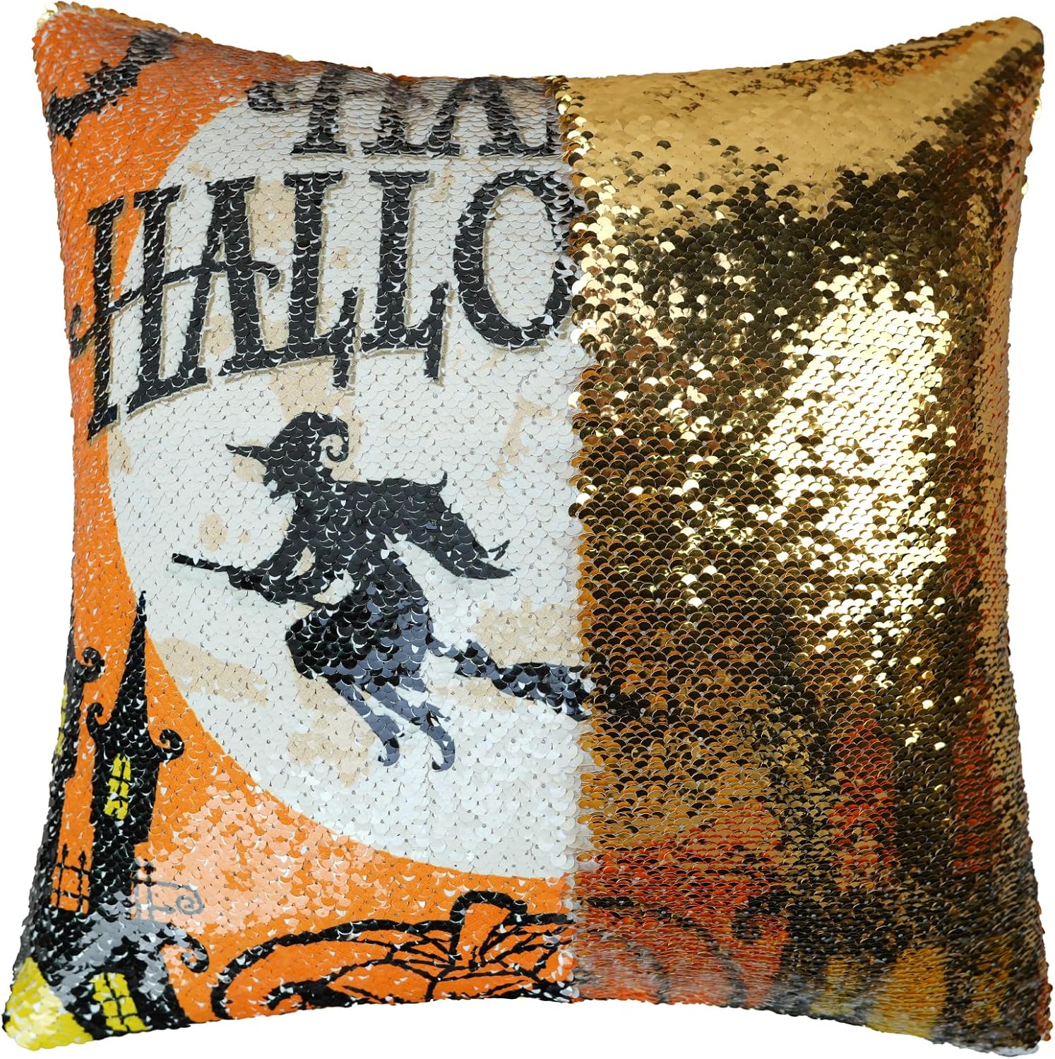 Pyonic Fundas de almohada de lentejuelas reversibles para decoración de Halloween, 16 x 16 pulgadas, fundas de almohada cuadradas con purpurina
