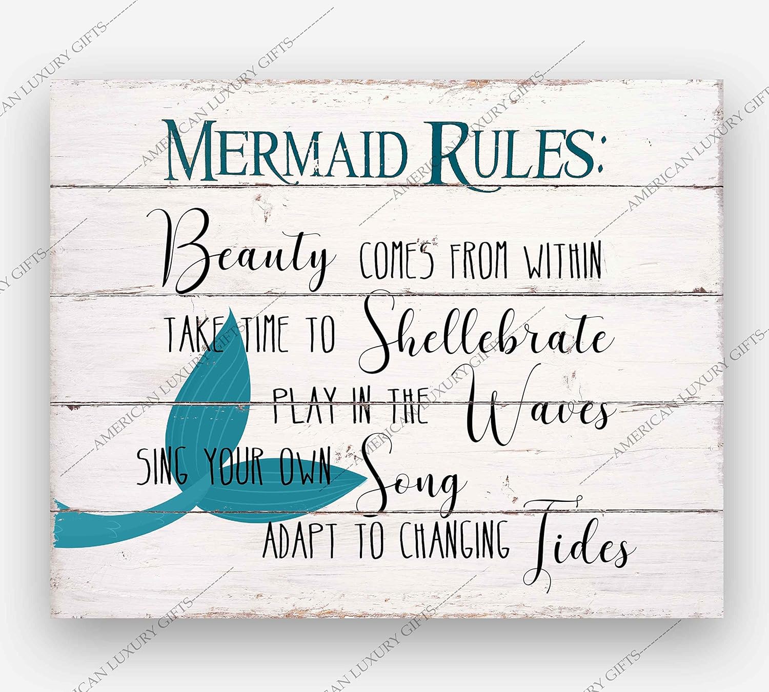 Mermaid Rules – Inspirational Beach Wall Art, Distressed Wood Design Ocean Wall Decor Print, Ideal Wall Decor For Home Decor, Bedroom Wall Art,