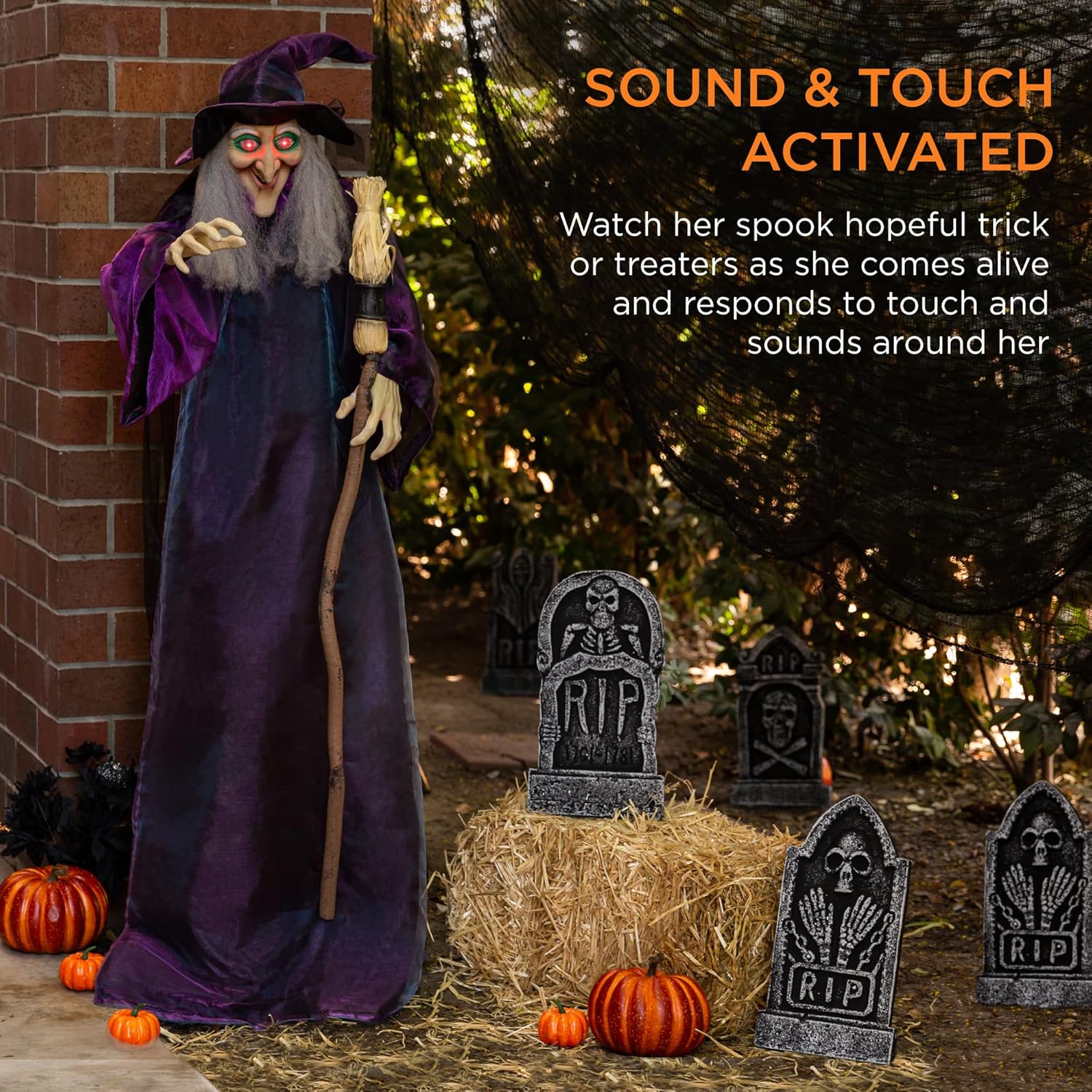 Best Choice Products Bruja animatrónica de Halloween de 5 pies, Wanda malvada de pie, figura decorativa con frases pregrabadas, ojos LED brillantes,
