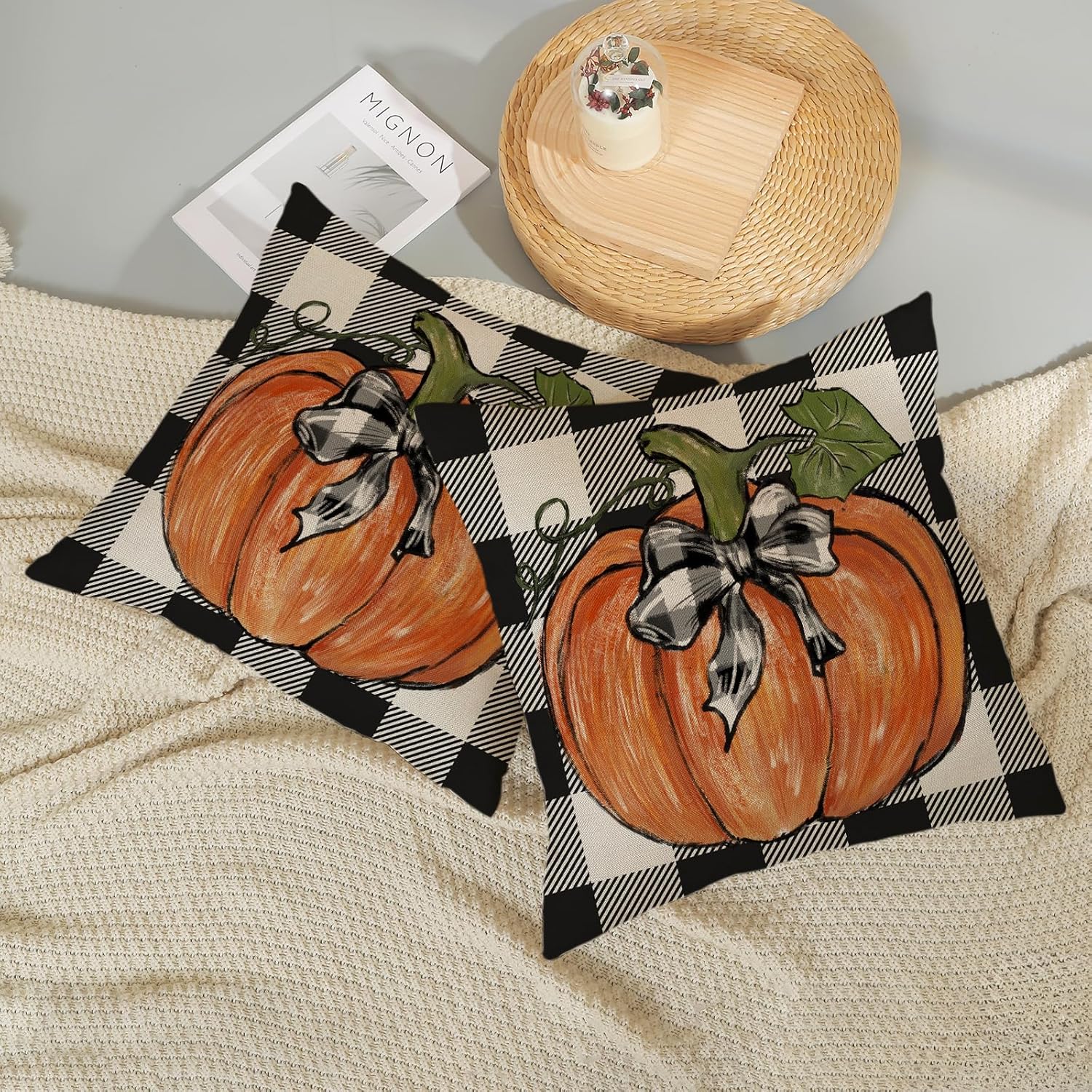 QANOK Juego de 2 fundas de almohada de otoño de 20 x 20 pulgadas, decoración de otoño, a cuadros, calabaza, para exteriores, otoño, Acción de