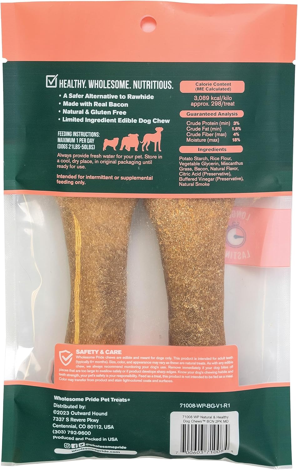 Wholesome Pride Masticables naturales y saludables para perros, paquete de 2 unidades, para perros medianos, sabor a tocino