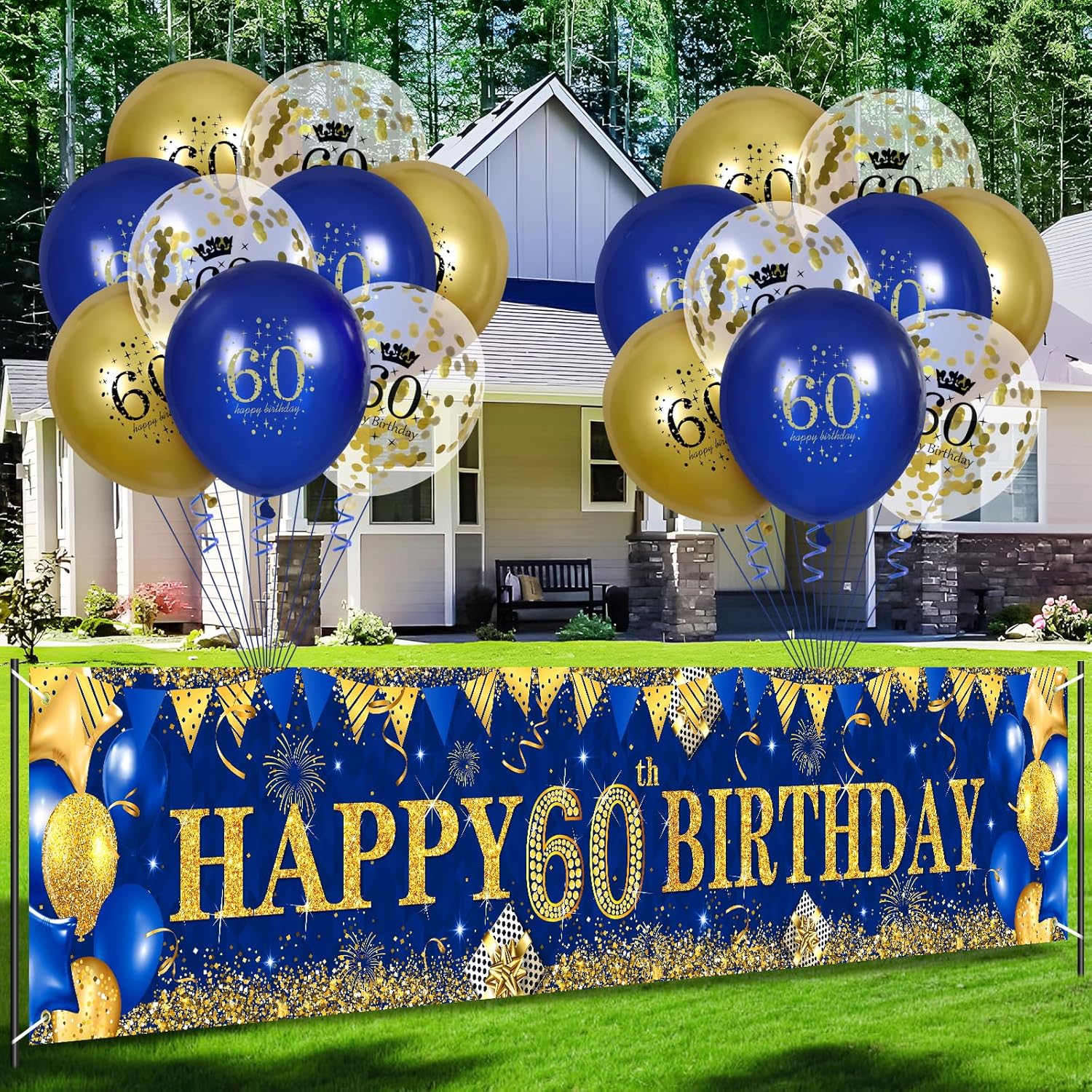Globos de decoración de cumpleaños n. 60 en color azul dorado para hombres y mujeres, azul marino y dorado para fiesta de cumpleaños n. 60, pancarta