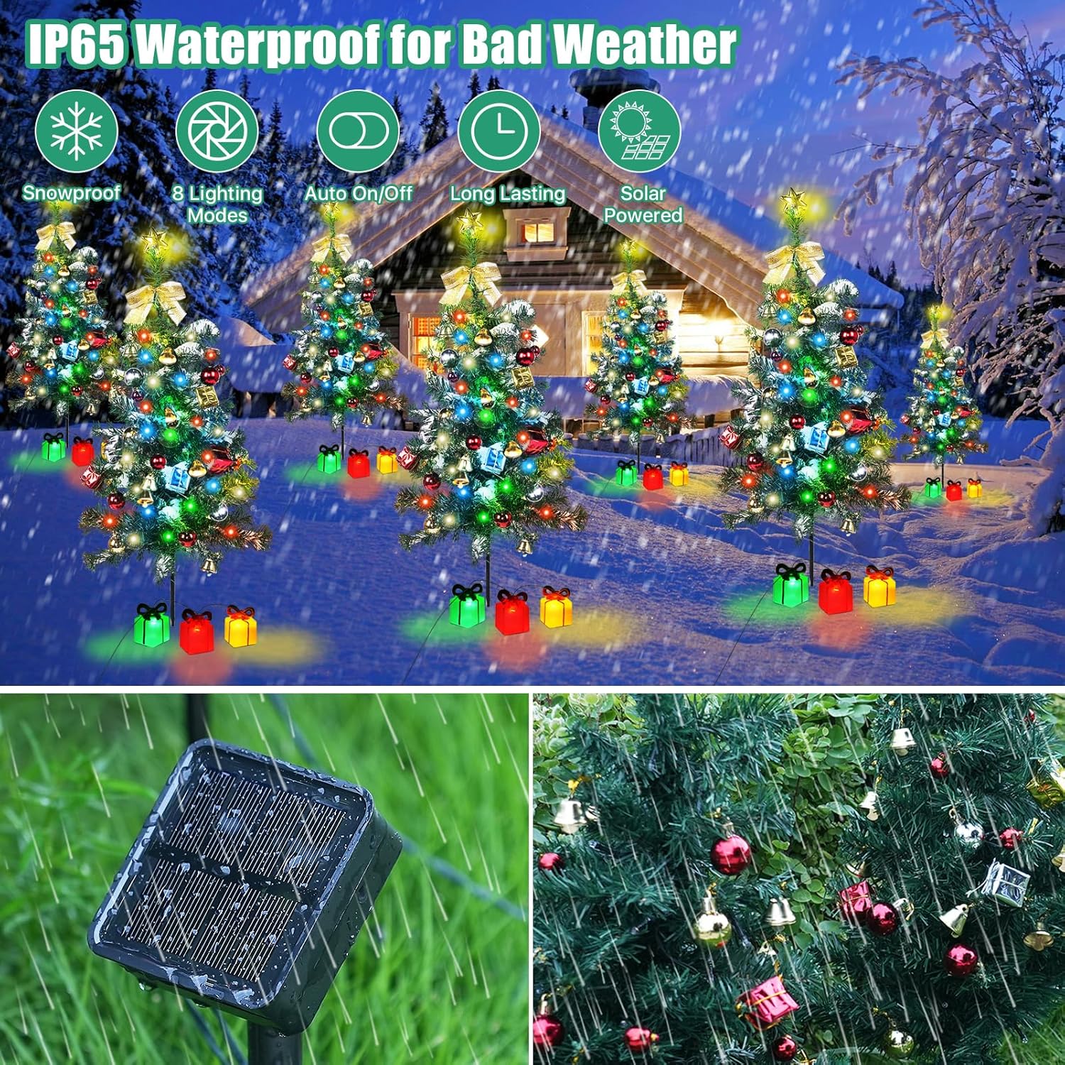Decoración solar para árbol de Navidad, luces para exteriores, paquete de 2 con 60 LED, 44 adornos de Navidad, 6 cajas de regalo iluminadas, 8