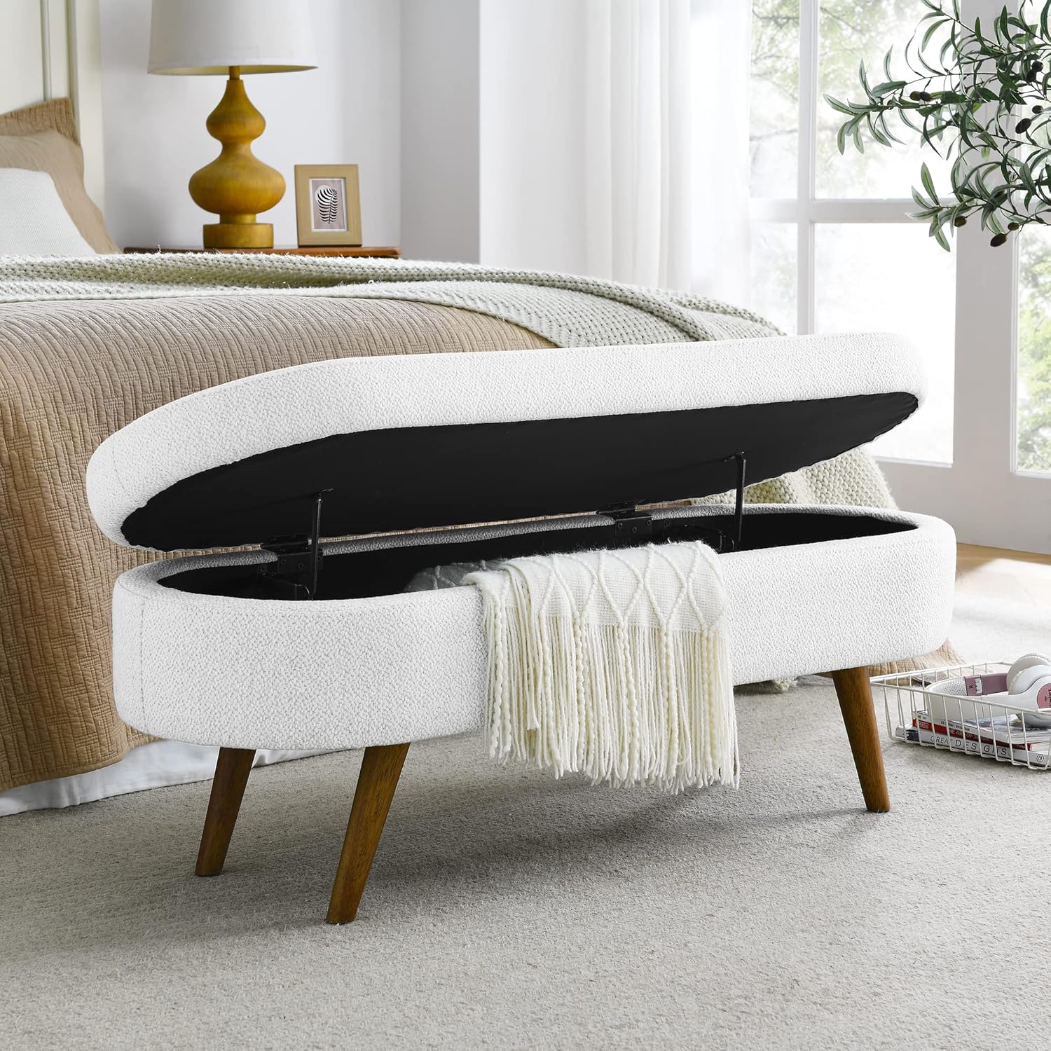 Linen Upholstery Tufted Storage Bench Ottoman for End of Bed Home Entryway Living Space, Soft Padded Oval Storage&Bench Footstool with Rubber Wood