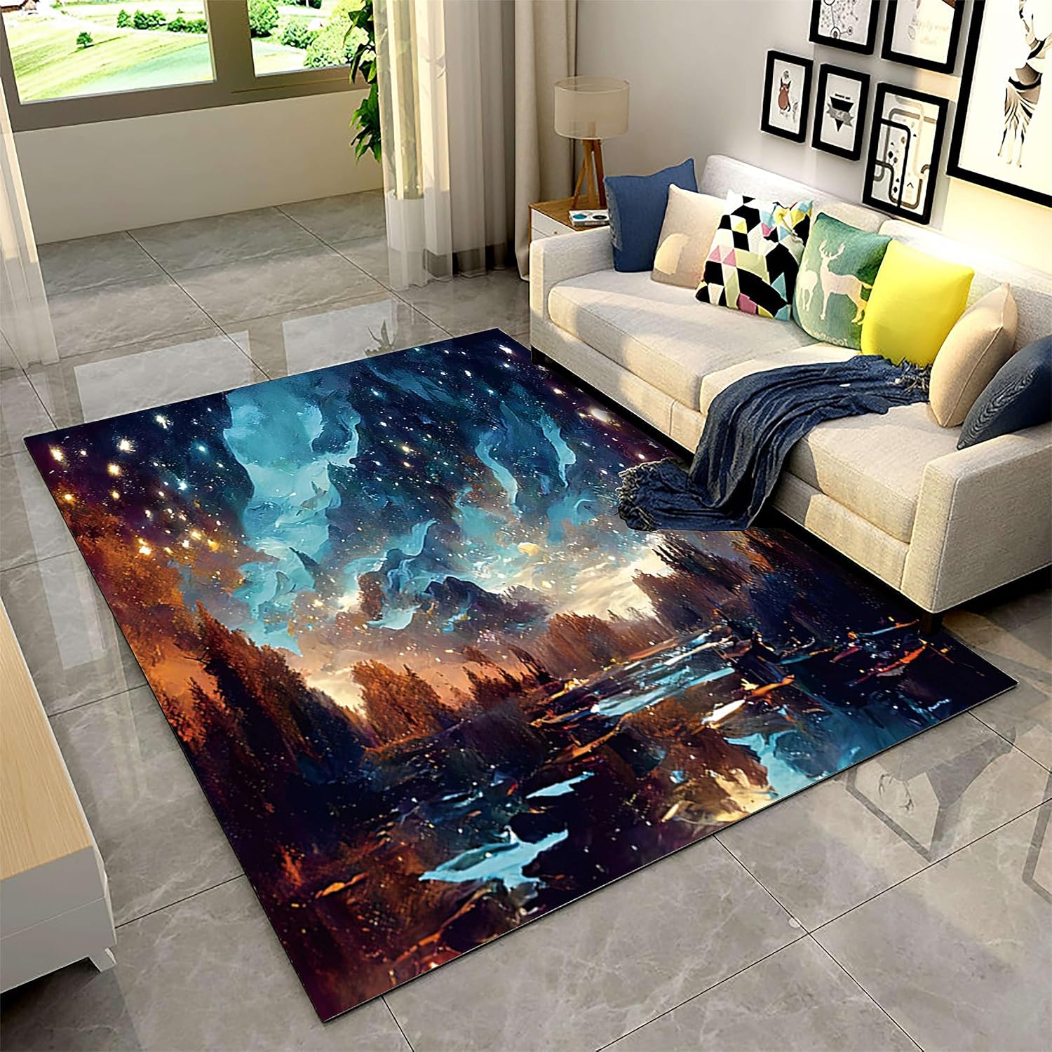 Alfombra de bosque de 3 x 4 pies, hermoso diseño de impresión 3D de cielo estrellado brillante, diseño de impresión 3D, elegante y grande, adecuada