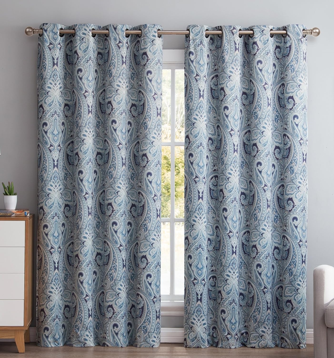 HLC.ME París Paisley Print Damasco grueso aislamiento térmico ahorro de energía habitación oscurecimiento, ojales en la parte superior, cortinas de