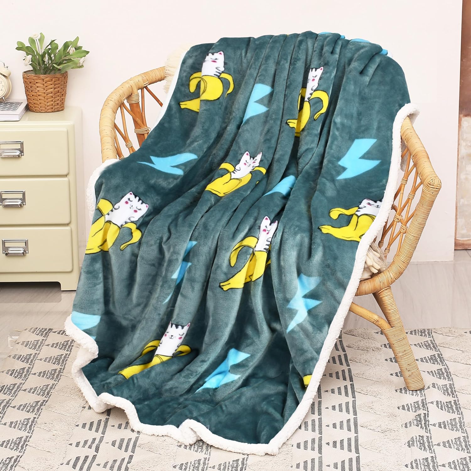 Catalonia Manta de forro polar Sherpa con estampado de gato y plátano, manta suave de felpa de visón, mullida, cómoda, cálida, regalo de cuidado