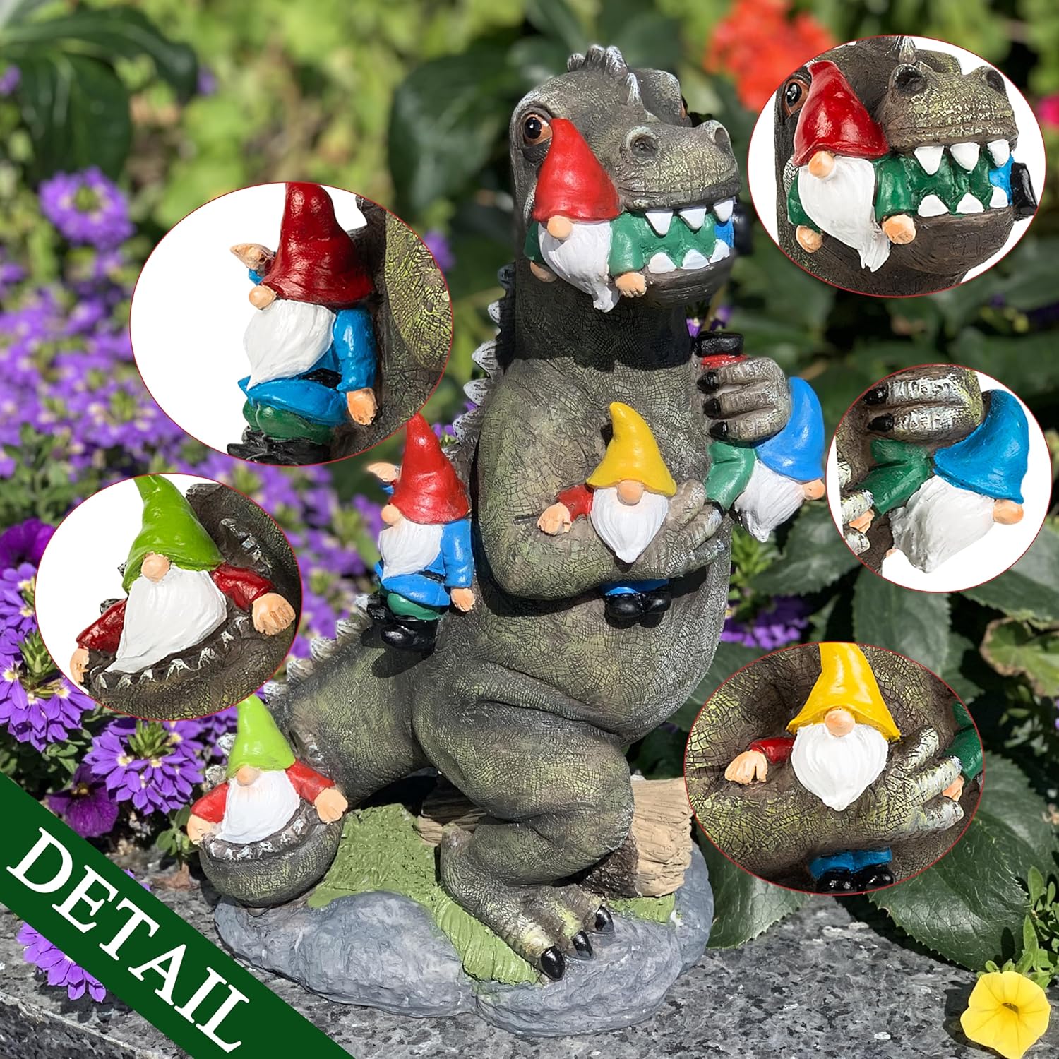 Malister Estatuas de jardín de gnomos de dinosaurio de 14 pulgadas para decoración de jardín de otoño e invierno, estatuas de gnomos de jardín,