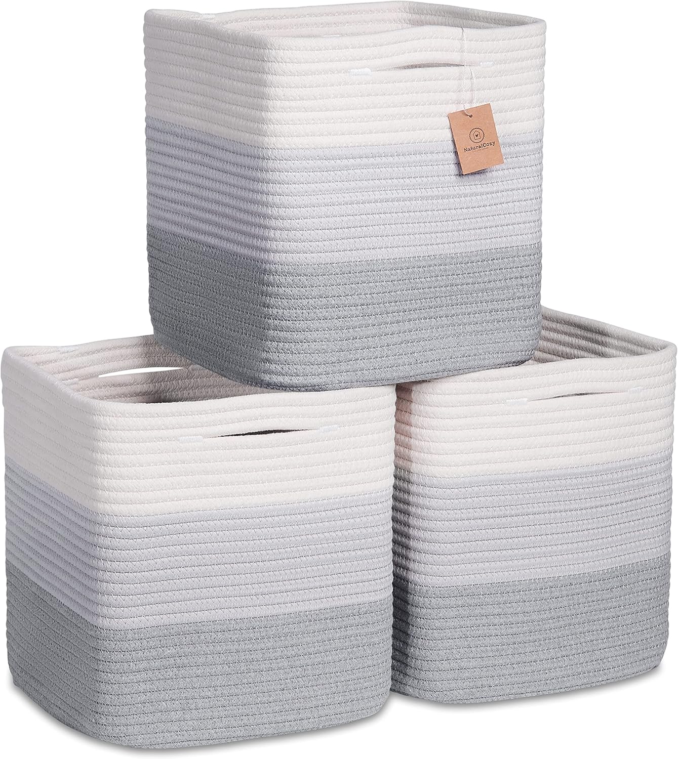 NaturalCozy Cubos de almacenamiento de 11 pulgadas de cuerda de algodón tejida para organizar, paquete de 3, cubos de almacenamiento, cestas de