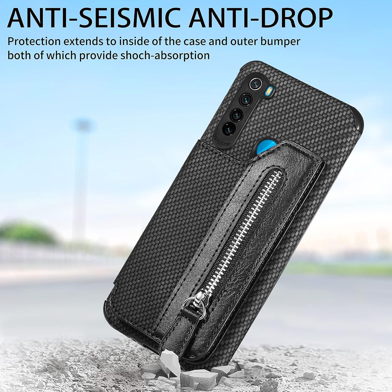 Funda de teléfono para Xiaomi Redmi Note 8 Funda tipo cartera con protector de pantalla de vidrio templado y cremallera Soporte para tarjeta de
