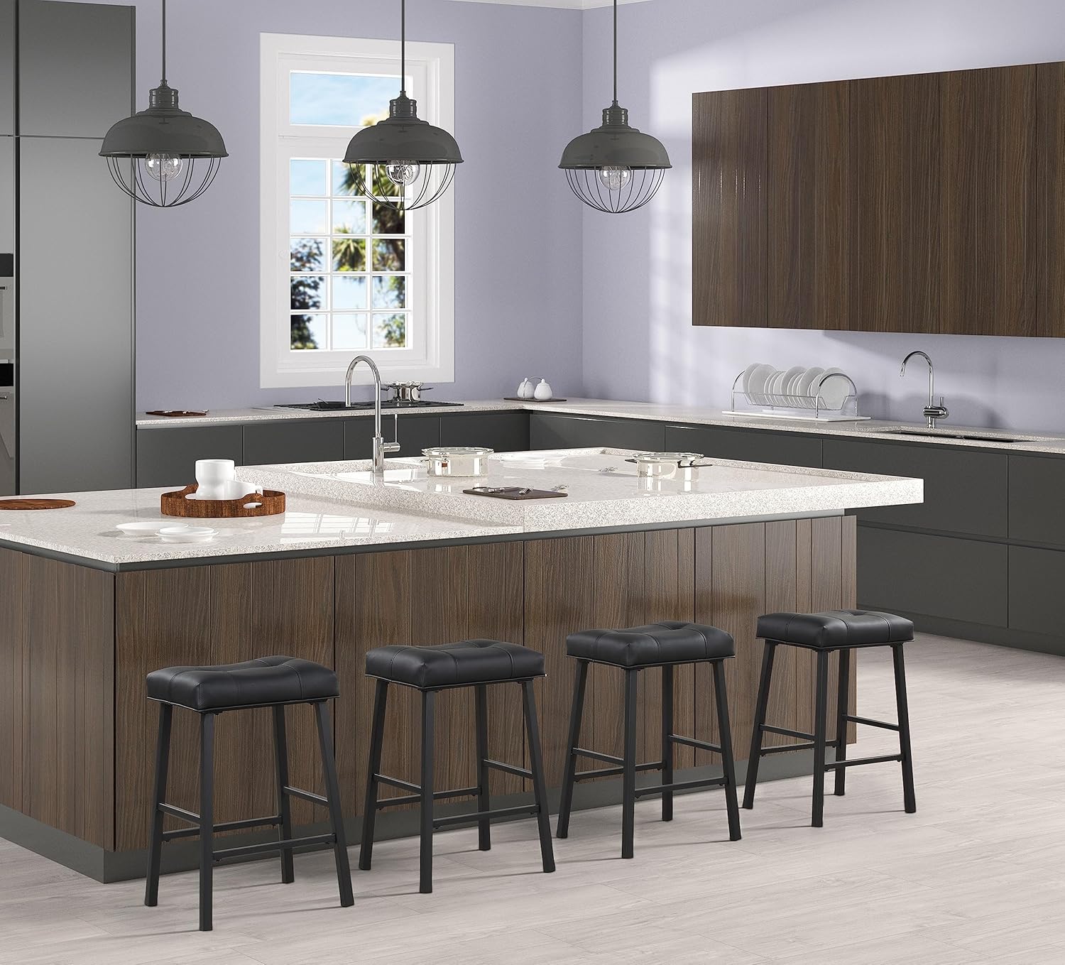 Black KR302PBK – Juego de 2 taburetes de bar de cocina de 24 pulgadas de altura con asiento tapizado, taburetes de desayuno para encimera de cocina,