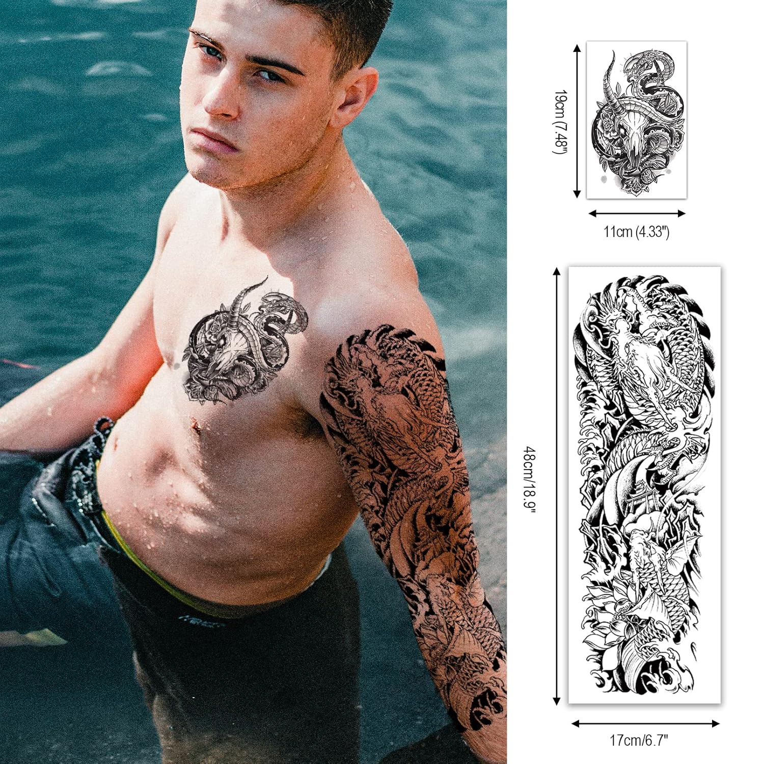 CUTELIILI Tatuaje temporal de Halloween para hombres y mujeres, 18 hojas, 8 hojas de tatuaje de manga completa y 10 hojas de tatuajes de medio