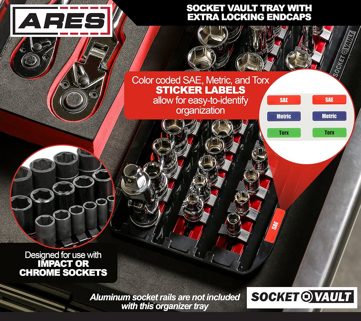 ARES 60147 – Juego de 2 organizadores de enchufes SOCKET VAULT – Juego de 6 rieles rojos de 17 pulgadas con 2 bandejas organizadoras de plástico