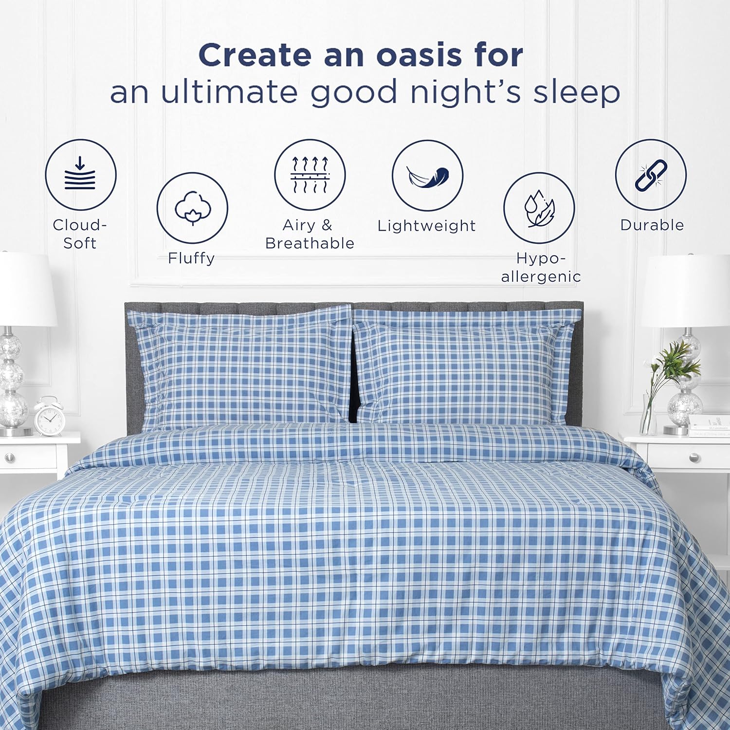 Linen Home Juego de edredón de percal tamaño Queen impreso, relleno de edredón alternativo de plumón de lyocell lavado para todas las estaciones,